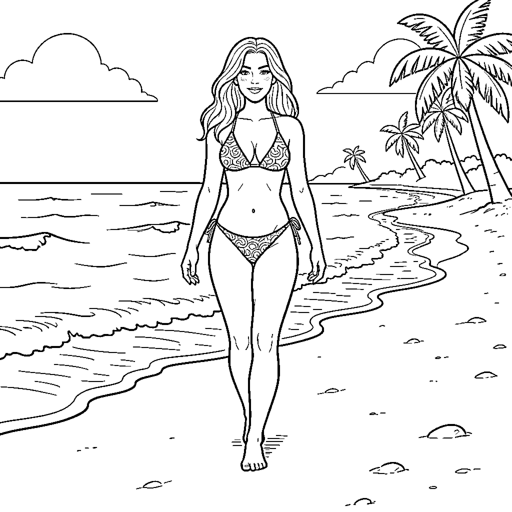 Woman walking along a tropical beach in swimwear Coloring Page (free black-and-white line drawing printable PDF for all, from beginners to advanced learners, including children, teens, adults, and seniors)