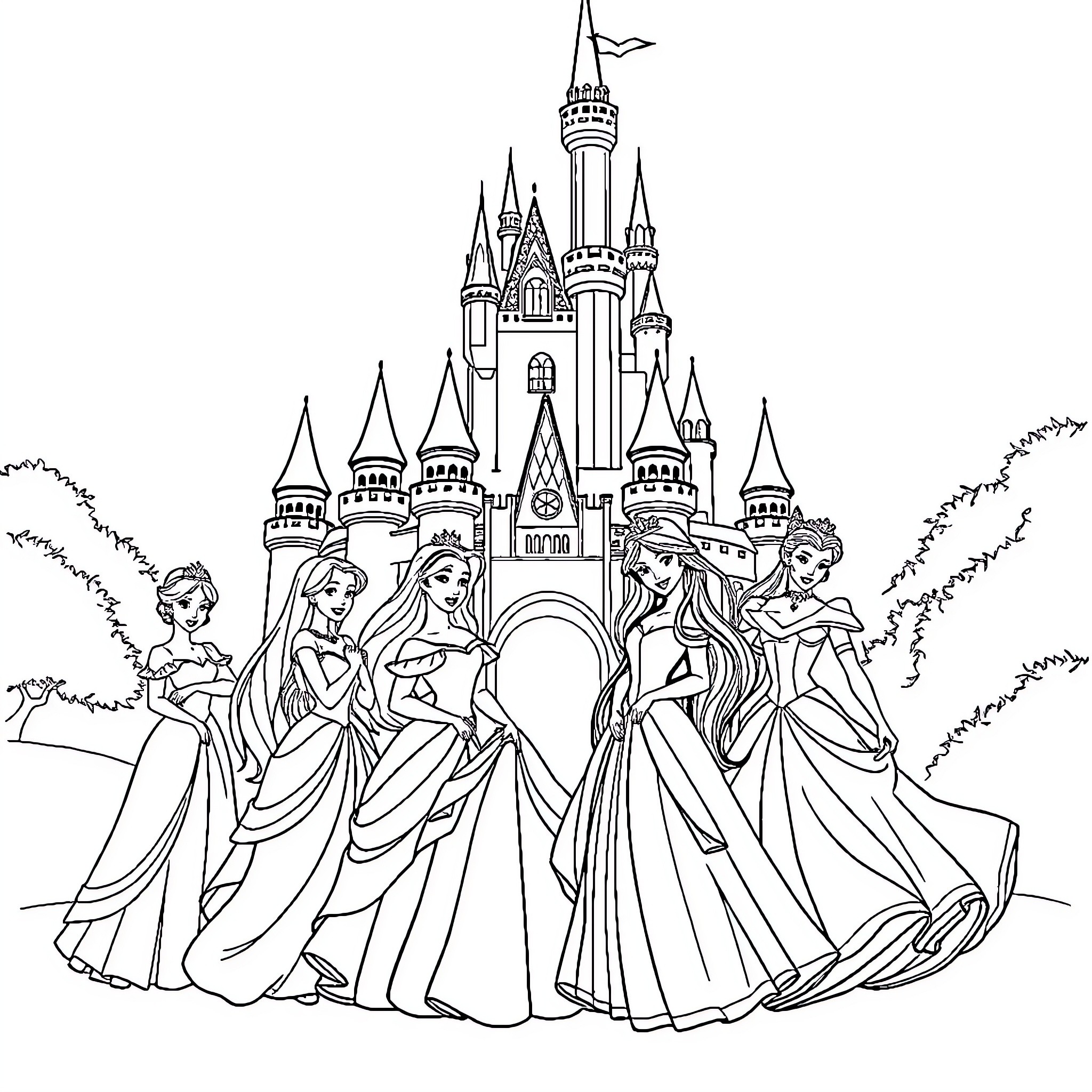 Disney Princess Fairytale Castle and Dresses Coloring Page (free black-and-white line drawing printable PDF for all, from beginners to advanced learners, including children, teens, adults, and seniors)