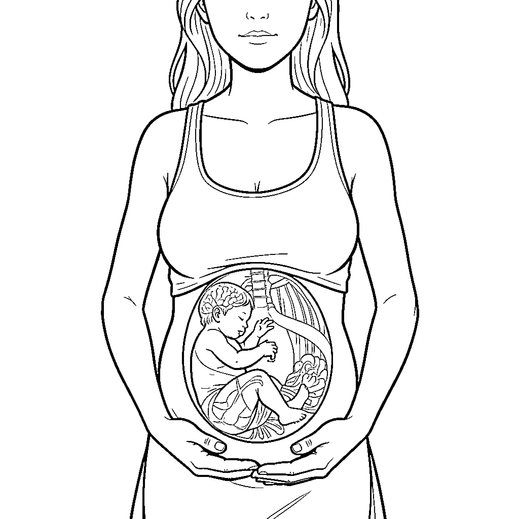 Pregnant Woman Cradling Unborn Child Coloring Page (free black-and-white line drawing printable PDF for all, from beginners to advanced learners, including children, teens, adults, and seniors)