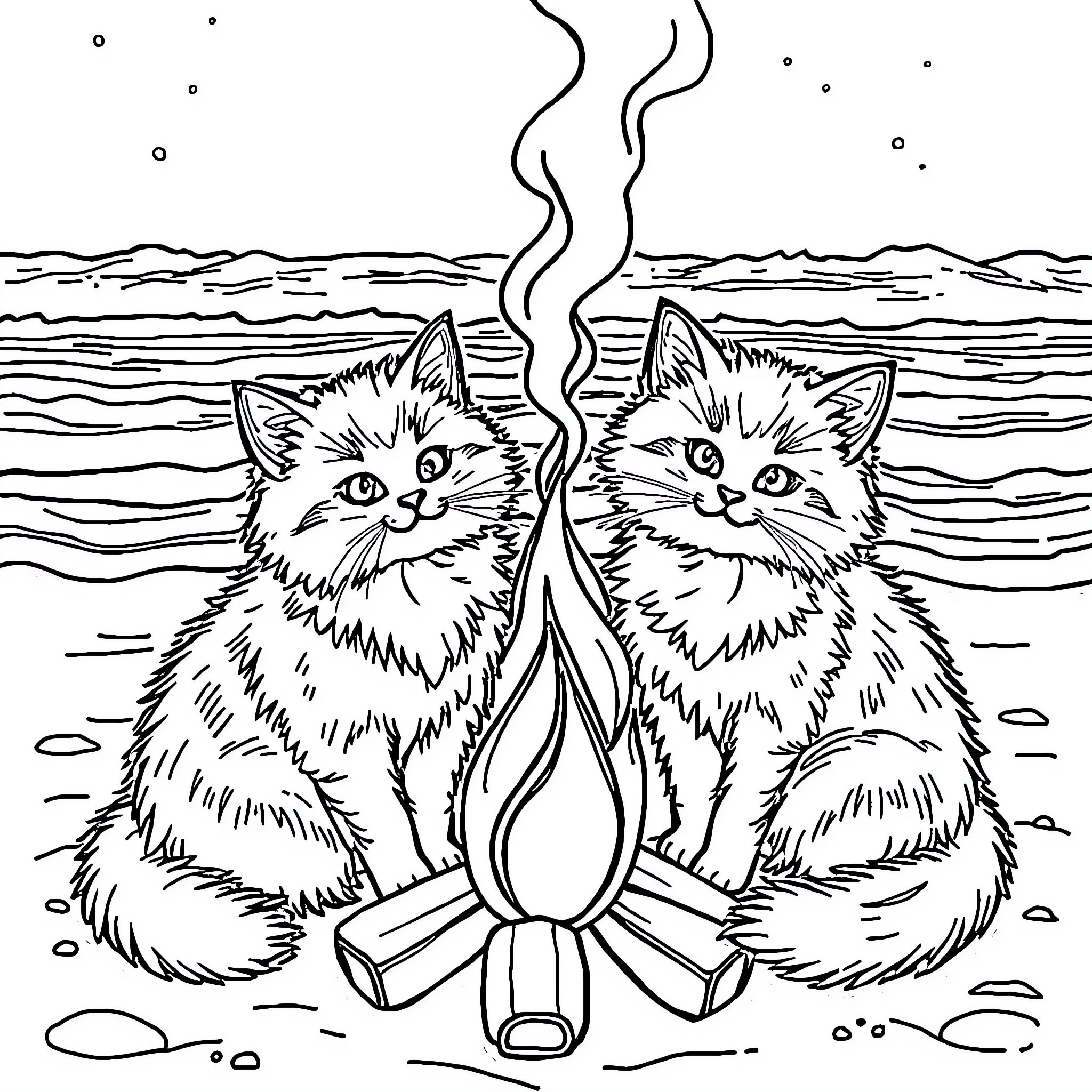 Cats Relaxing by the Campfire Coloring Page (free black-and-white line drawing printable PDF for all, from beginners to advanced learners, including children, teens, adults, and seniors)