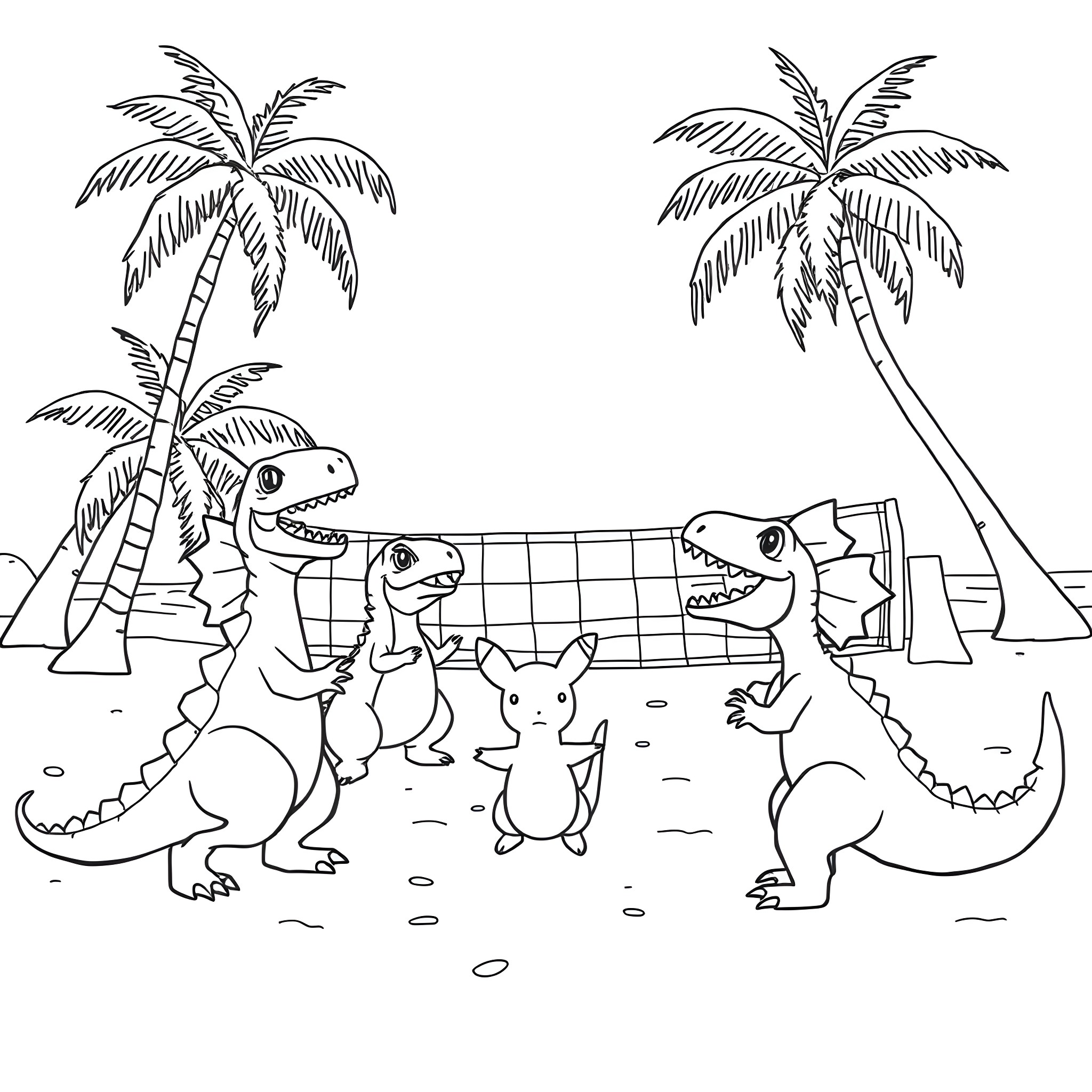 Dinosaurs playing volleyball on the beach Coloring Page (free black-and-white line drawing printable PDF for all, from beginners to advanced learners, including children, teens, adults, and seniors)