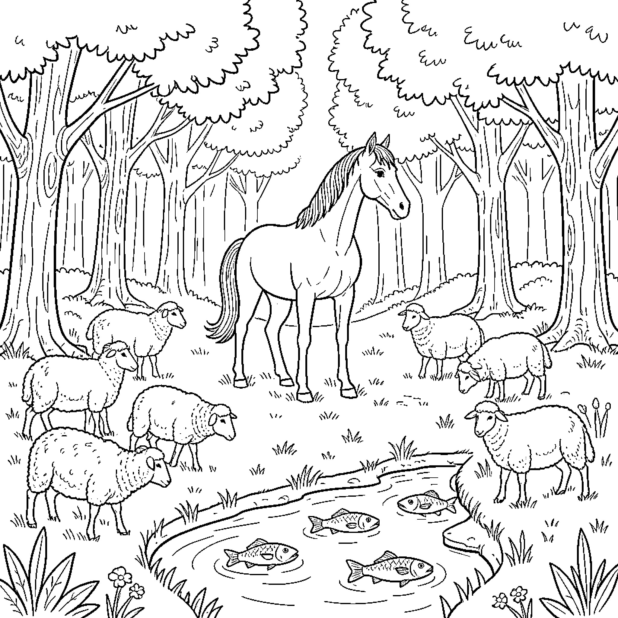 Caballo standing among sheep in a forest scene Coloring Page (free black-and-white line drawing printable PDF for all, from beginners to advanced learners, including children, teens, adults, and seniors)