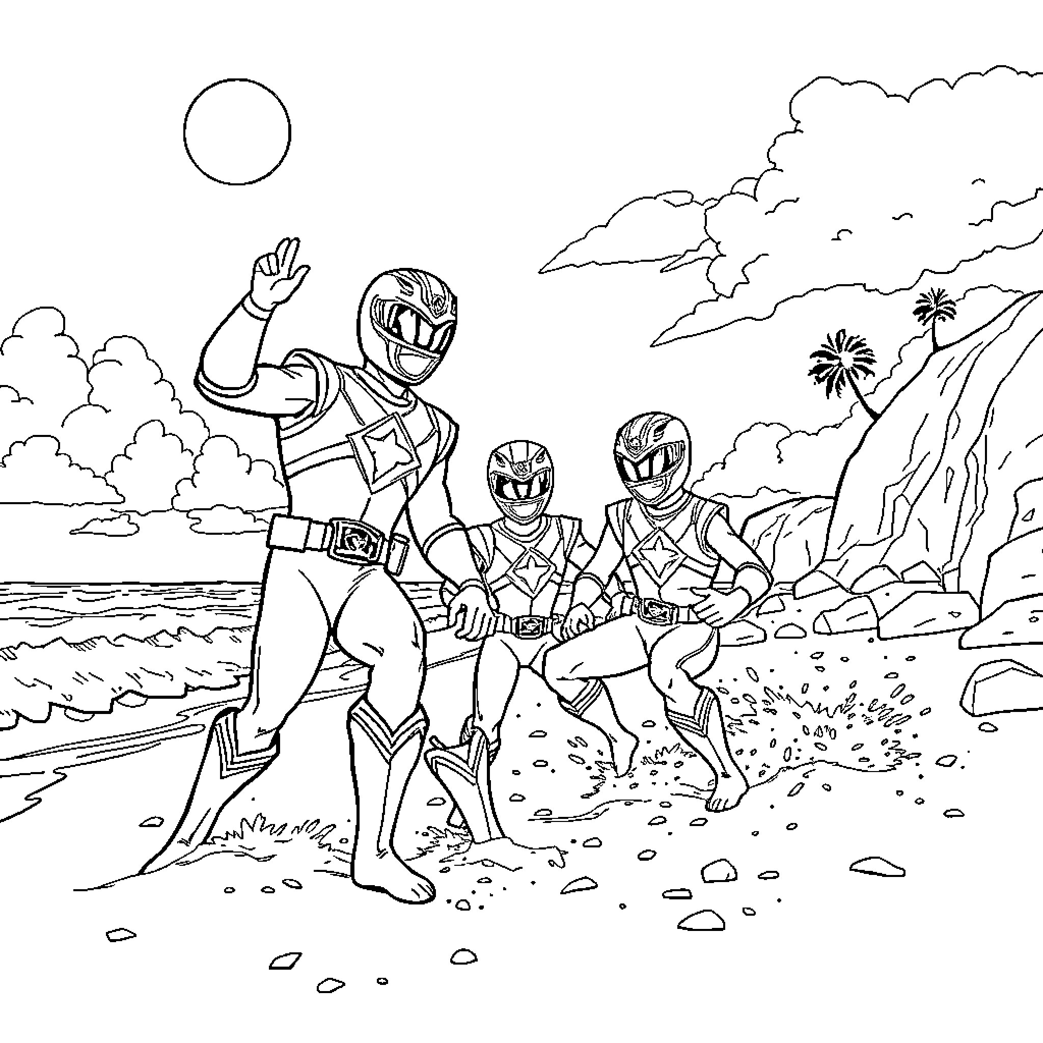 Power Rangers on a Tropical Adventure Coloring Page (free black-and-white line drawing printable PDF for all, from beginners to advanced learners, including children, teens, adults, and seniors)