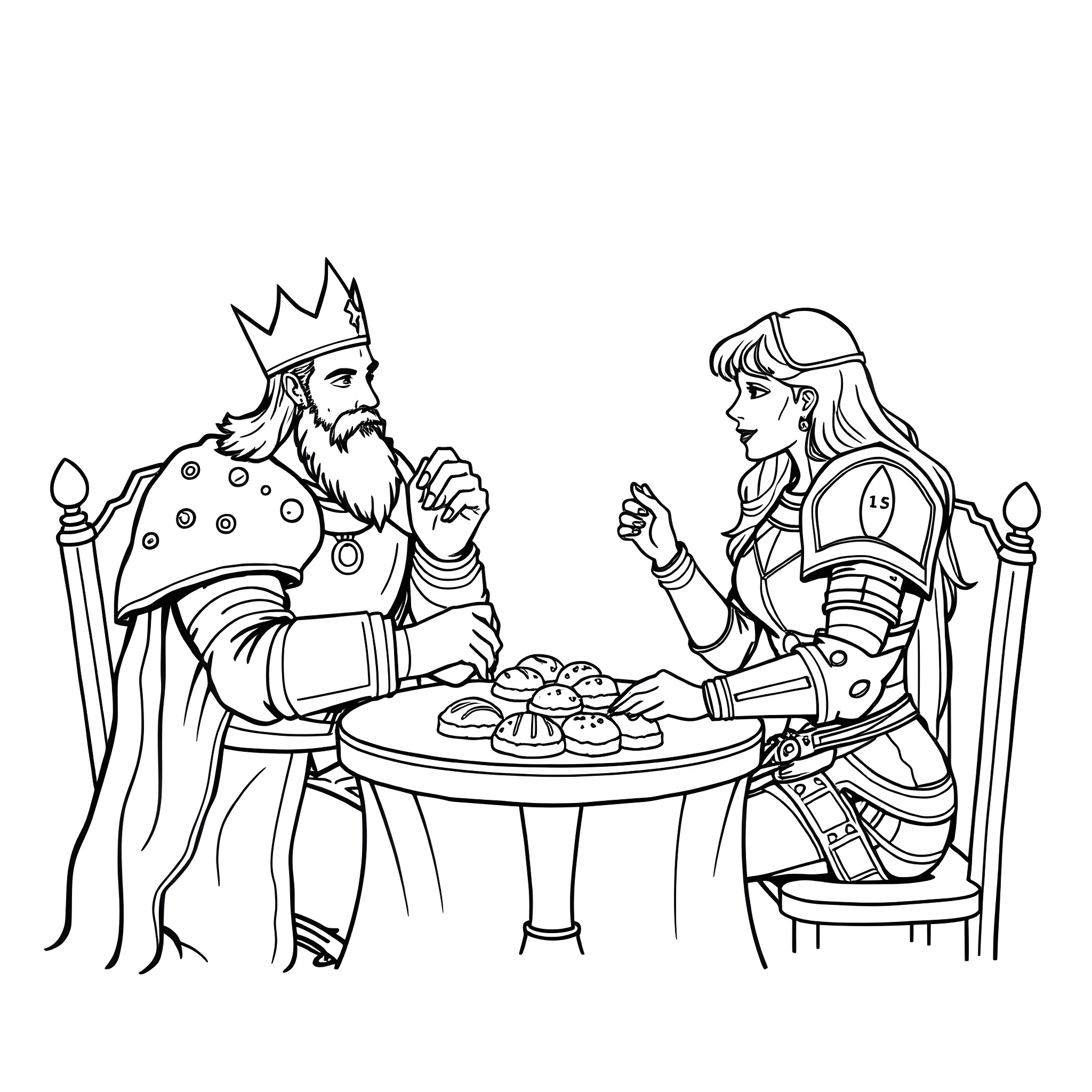 King Discussing Strategy with Soldier Coloring Page (free black-and-white line drawing printable PDF for all, from beginners to advanced learners, including children, teens, adults, and seniors)