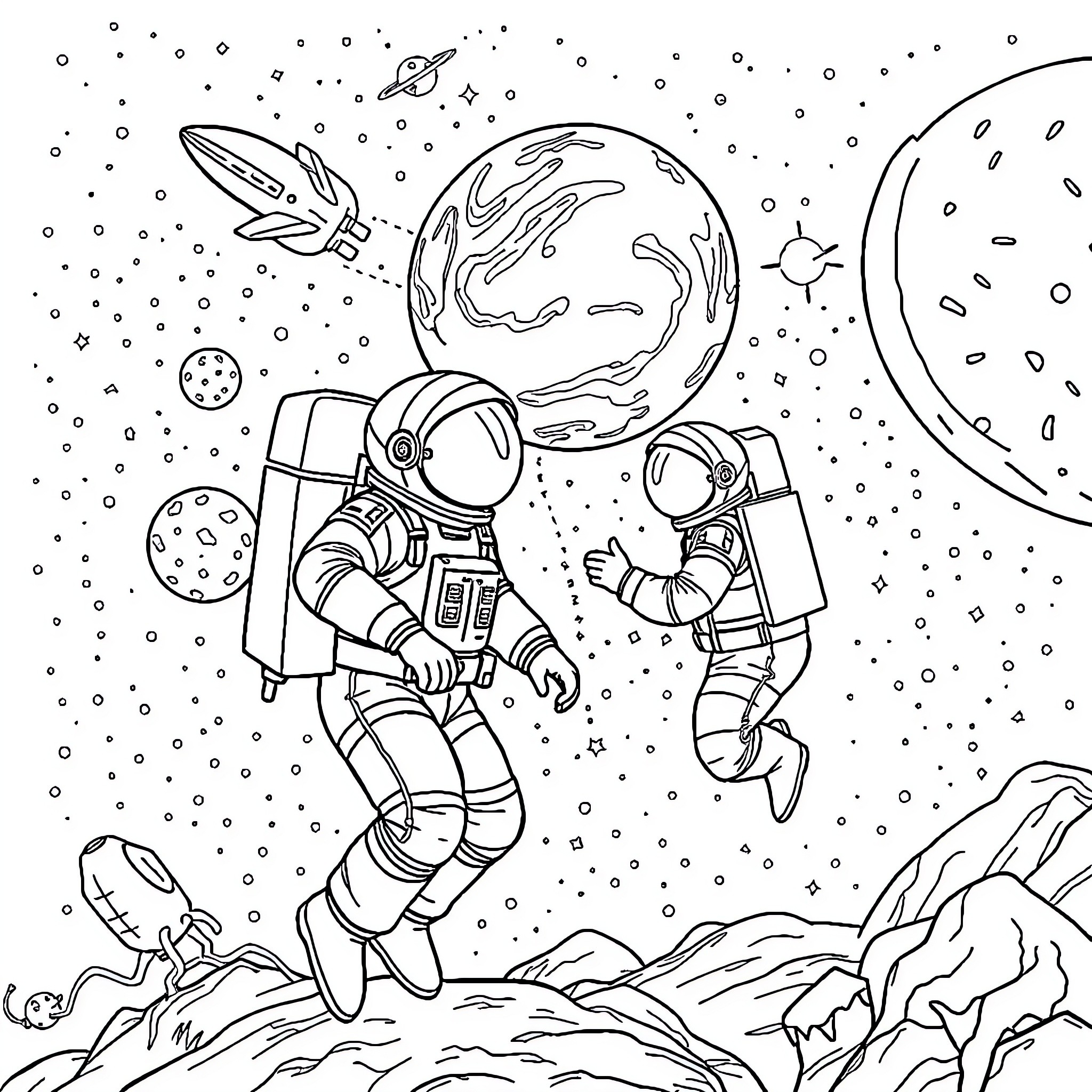 Astronauts exploring the wonders of outer space Coloring Page (free black-and-white line drawing printable PDF for all, from beginners to advanced learners, including children, teens, adults, and seniors)