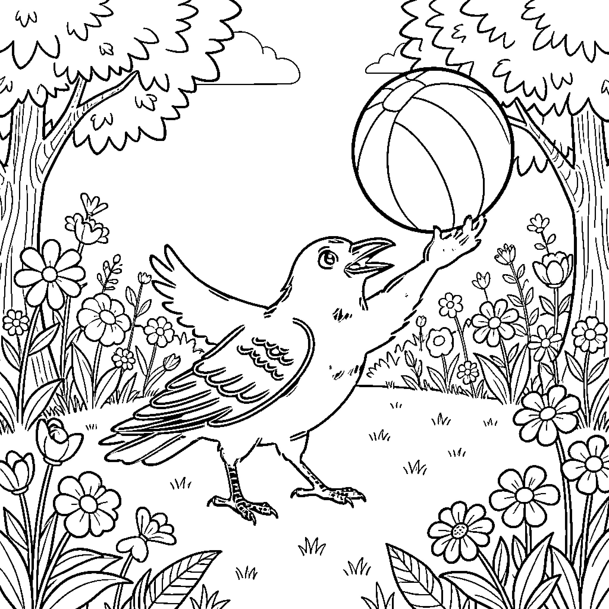 Crow playing in a vibrant garden Coloring Page (free black-and-white line drawing printable PDF for all, from beginners to advanced learners, including children, teens, adults, and seniors)