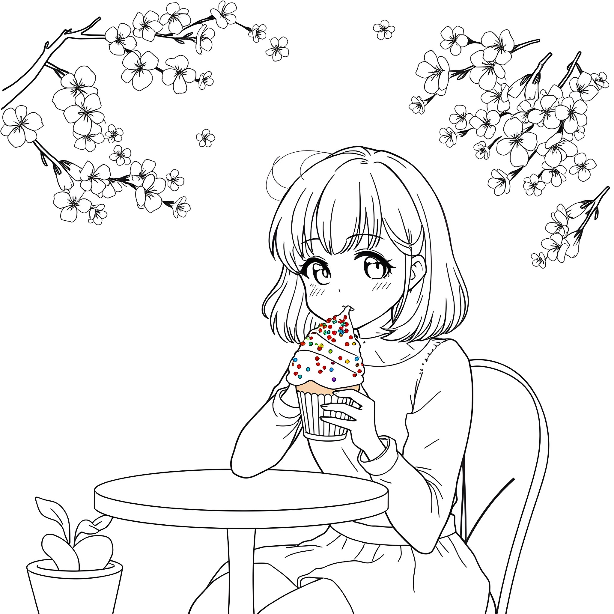 Ochako Uraraka enjoying a sweet treat amidst blossoming flowers Coloring Page (free black-and-white line drawing printable PDF for all, from beginners to advanced learners, including children, teens, adults, and seniors)