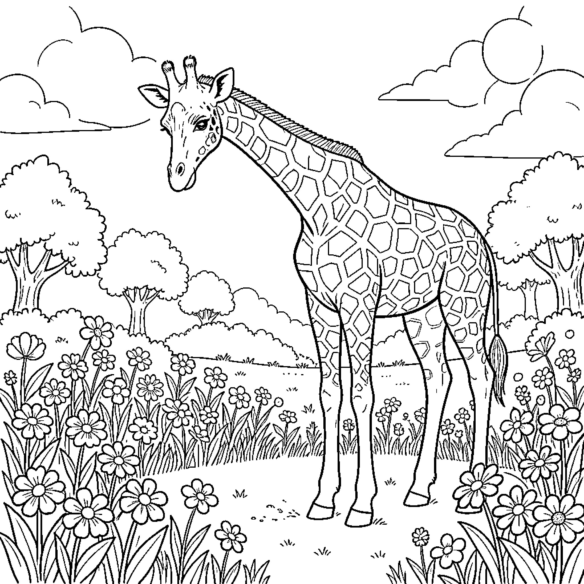 Giraffe standing gracefully in a floral meadow Coloring Page (free black-and-white line drawing printable PDF for all, from beginners to advanced learners, including children, teens, adults, and seniors)