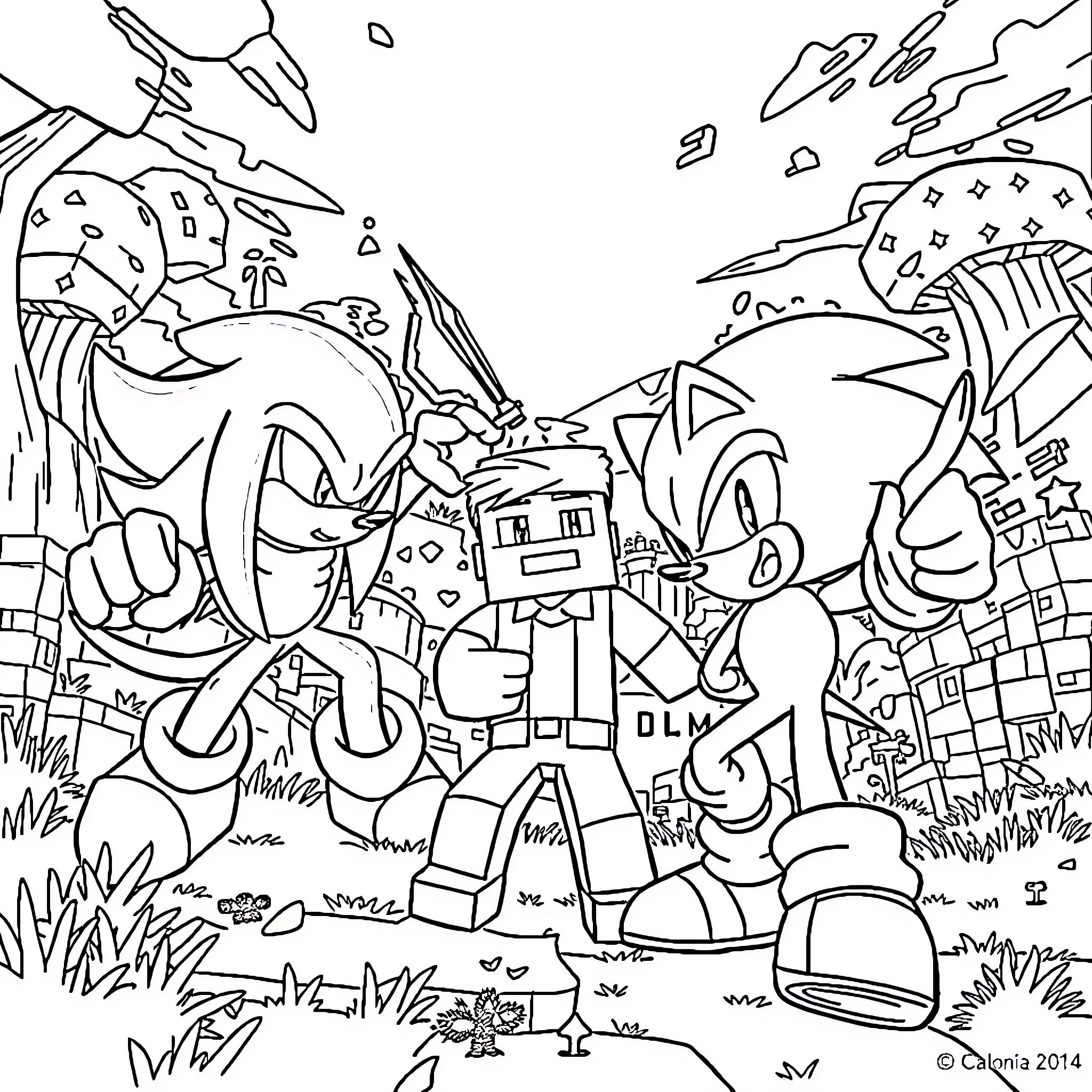 Sonic's Adventurous Exploration with Robotic Companions Coloring Page (free black-and-white line drawing printable PDF for all, from beginners to advanced learners, including children, teens, adults, and seniors)
