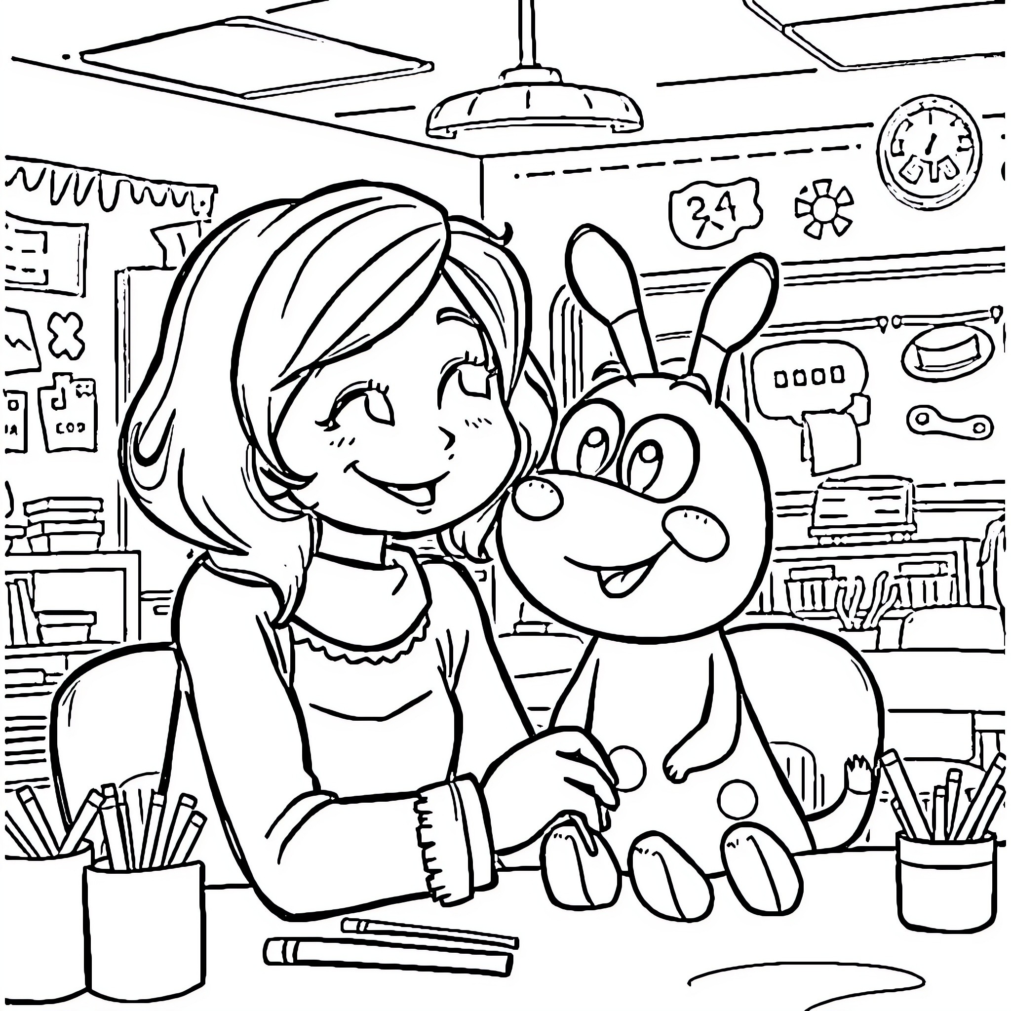 Rachel and her Smiling Stuffed Bunny in the Classroom Coloring Page (free black-and-white line drawing printable PDF for all, from beginners to advanced learners, including children, teens, adults, and seniors)