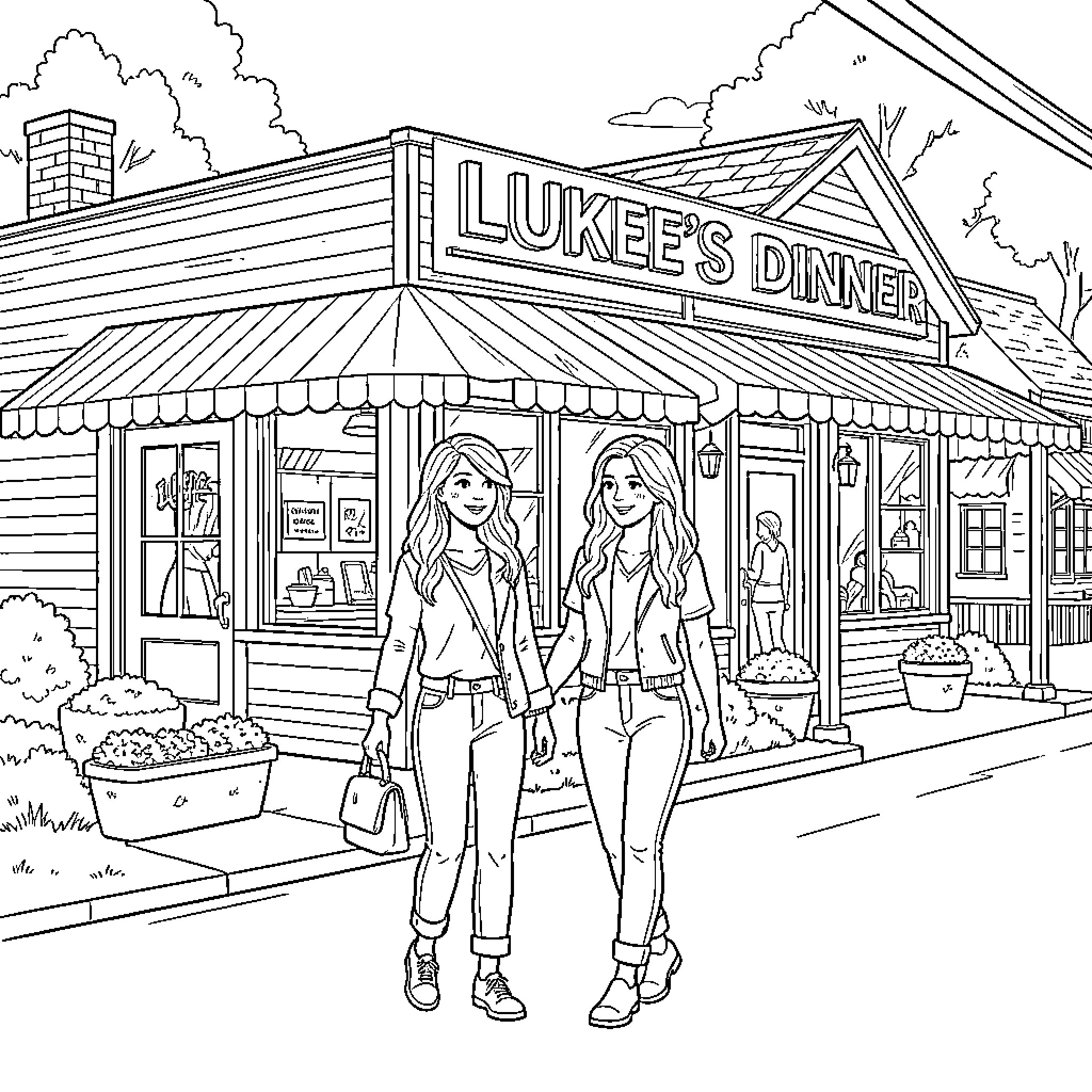 Gilmore Girls walking together in front of a diner Coloring Page (free black-and-white line drawing printable PDF for all, from beginners to advanced learners, including children, teens, adults, and seniors)