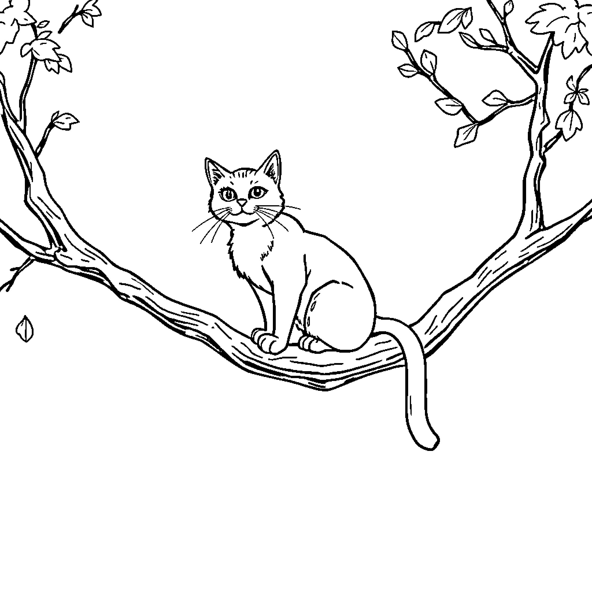 Super Curious Cat in Cozy Tree Branch Coloring Page (free black-and-white line drawing printable PDF for all, from beginners to advanced learners, including children, teens, adults, and seniors)