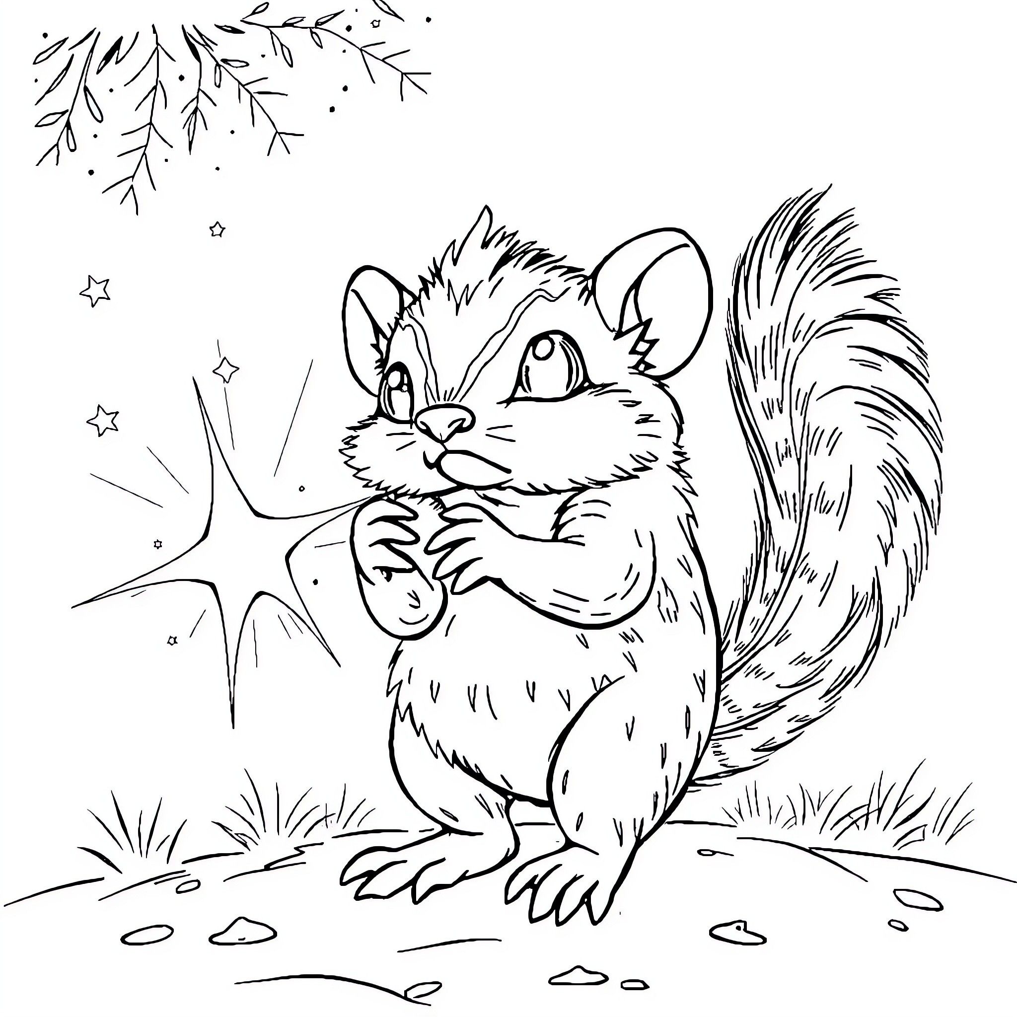 Mapache enjoying the night with twinkling stars Coloring Page (free black-and-white line drawing printable PDF for all, from beginners to advanced learners, including children, teens, adults, and seniors)