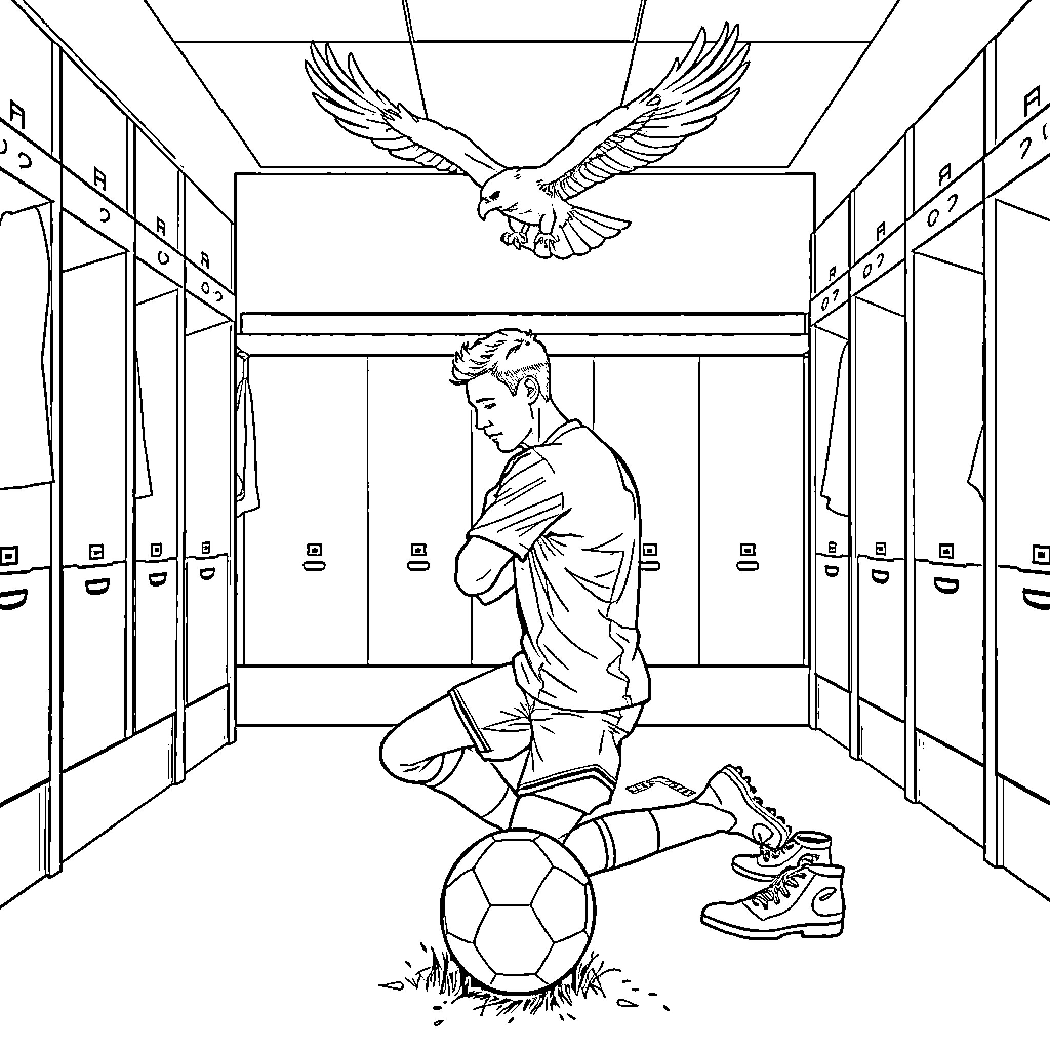 Soccer Player Sitting Alone in Locker Room Coloring Page (free black-and-white line drawing printable PDF for all, from beginners to advanced learners, including children, teens, adults, and seniors)