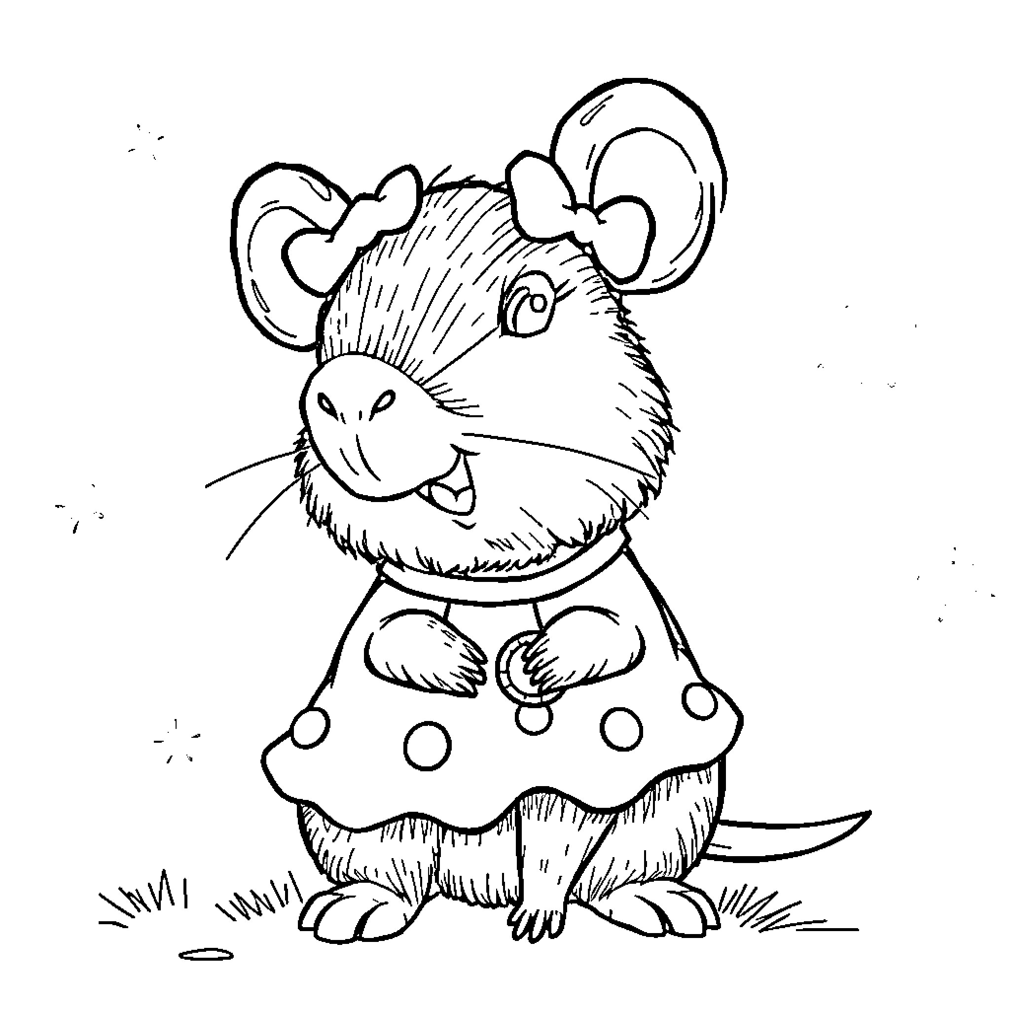 Capybara in a Polka Dot Dress Sitting in Grass Coloring Page (free black-and-white line drawing printable PDF for all, from beginners to advanced learners, including children, teens, adults, and seniors)
