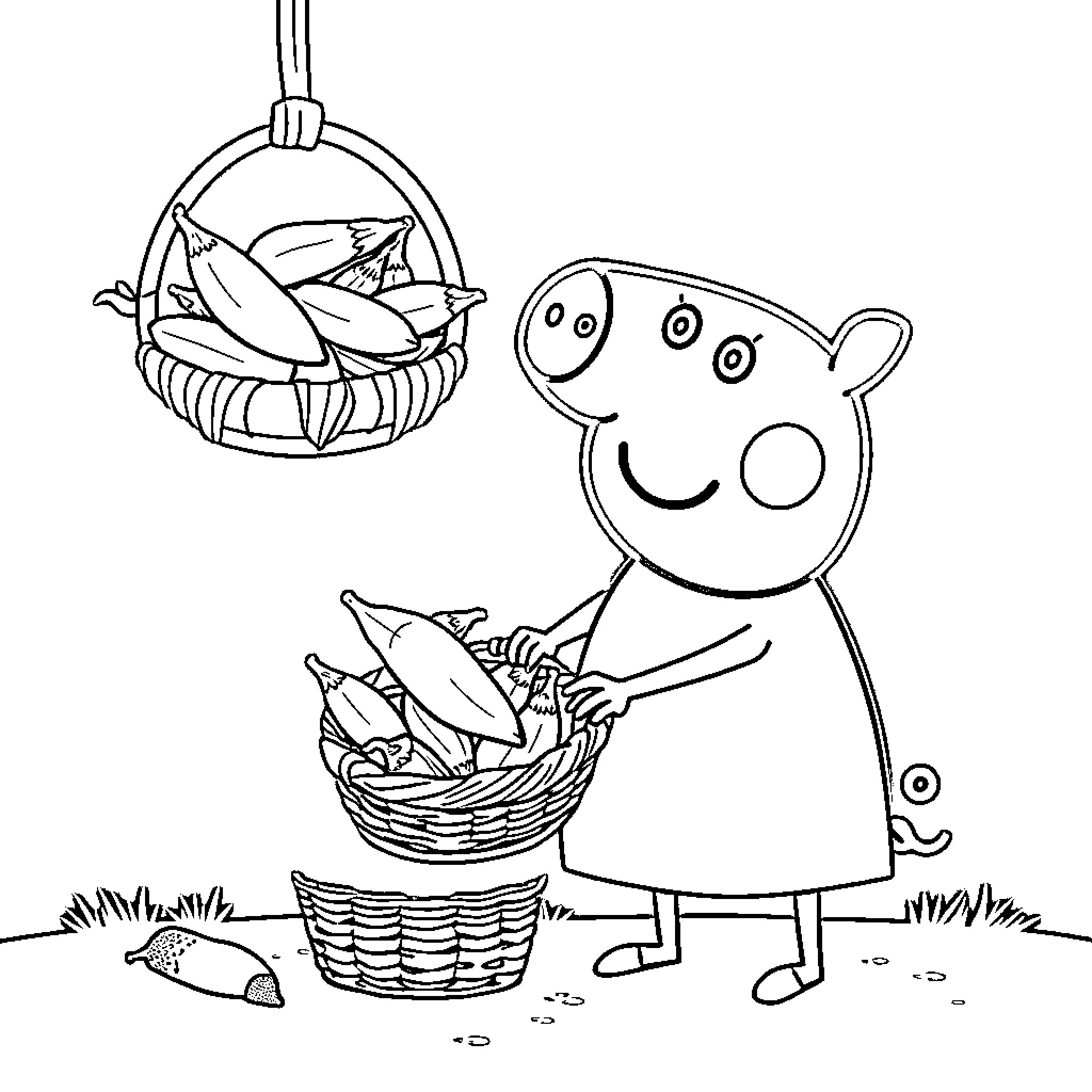 Pepa Pig gathering baskets of fish and seashells Coloring Page (free black-and-white line drawing printable PDF for all, from beginners to advanced learners, including children, teens, adults, and seniors)