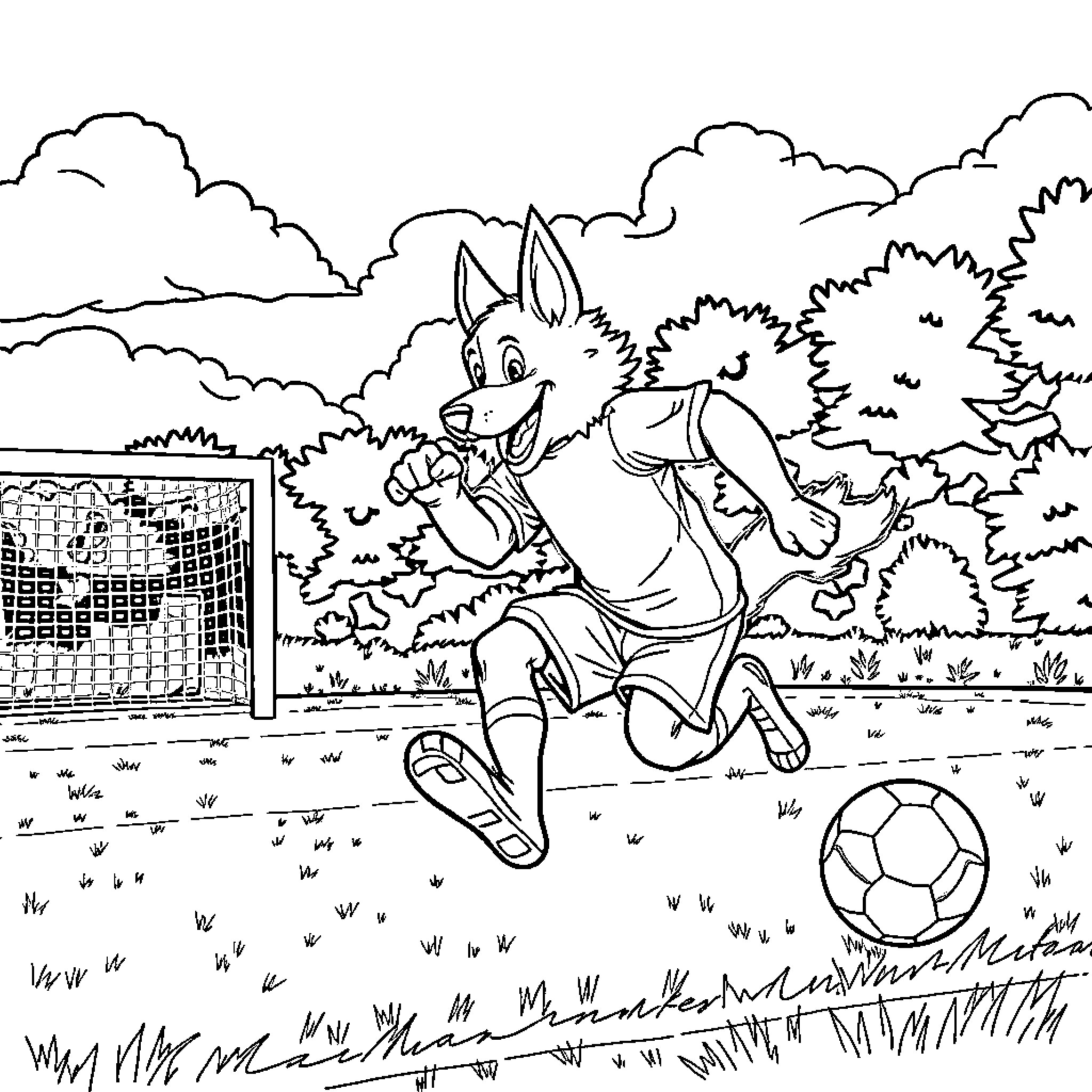 Huntrix playing joyfully with soccer ball in nature Coloring Page (free black-and-white line drawing printable PDF for all, from beginners to advanced learners, including children, teens, adults, and seniors)