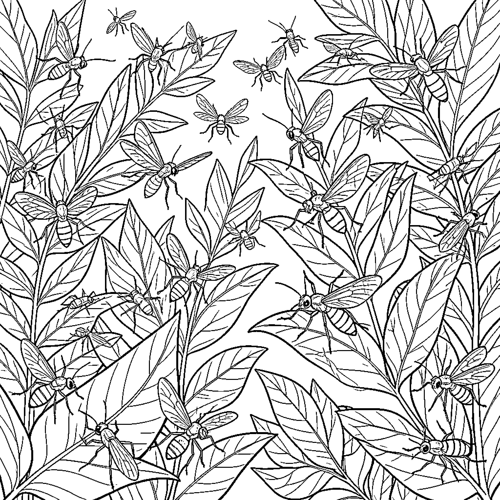 Insect Outlines in Lush Foliage Coloring Page (free black-and-white line drawing printable PDF for all, from beginners to advanced learners, including children, teens, adults, and seniors)
