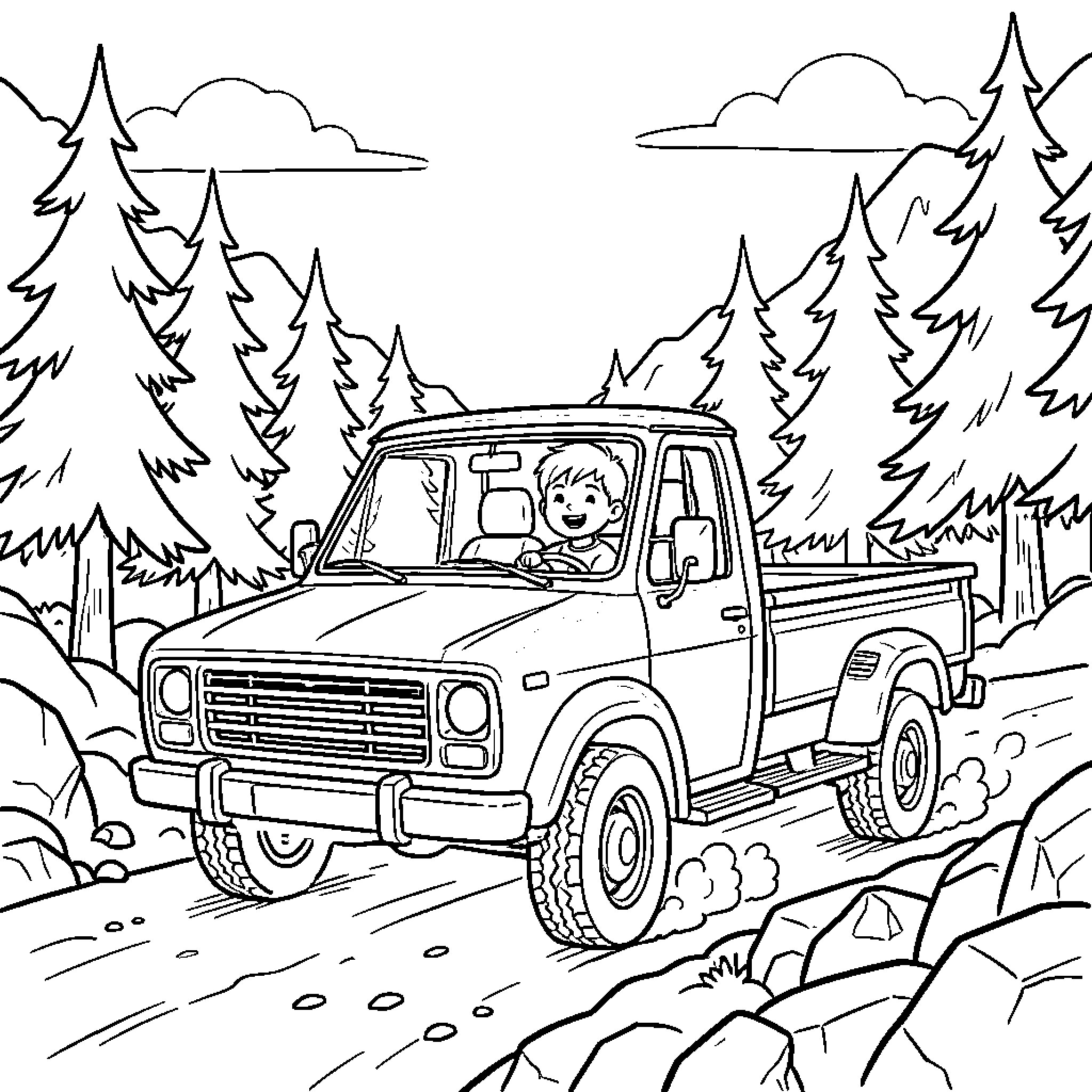 Pickup Truck Traversing Through Forested Wilderness Coloring Page (free black-and-white line drawing printable PDF for all, from beginners to advanced learners, including children, teens, adults, and seniors)