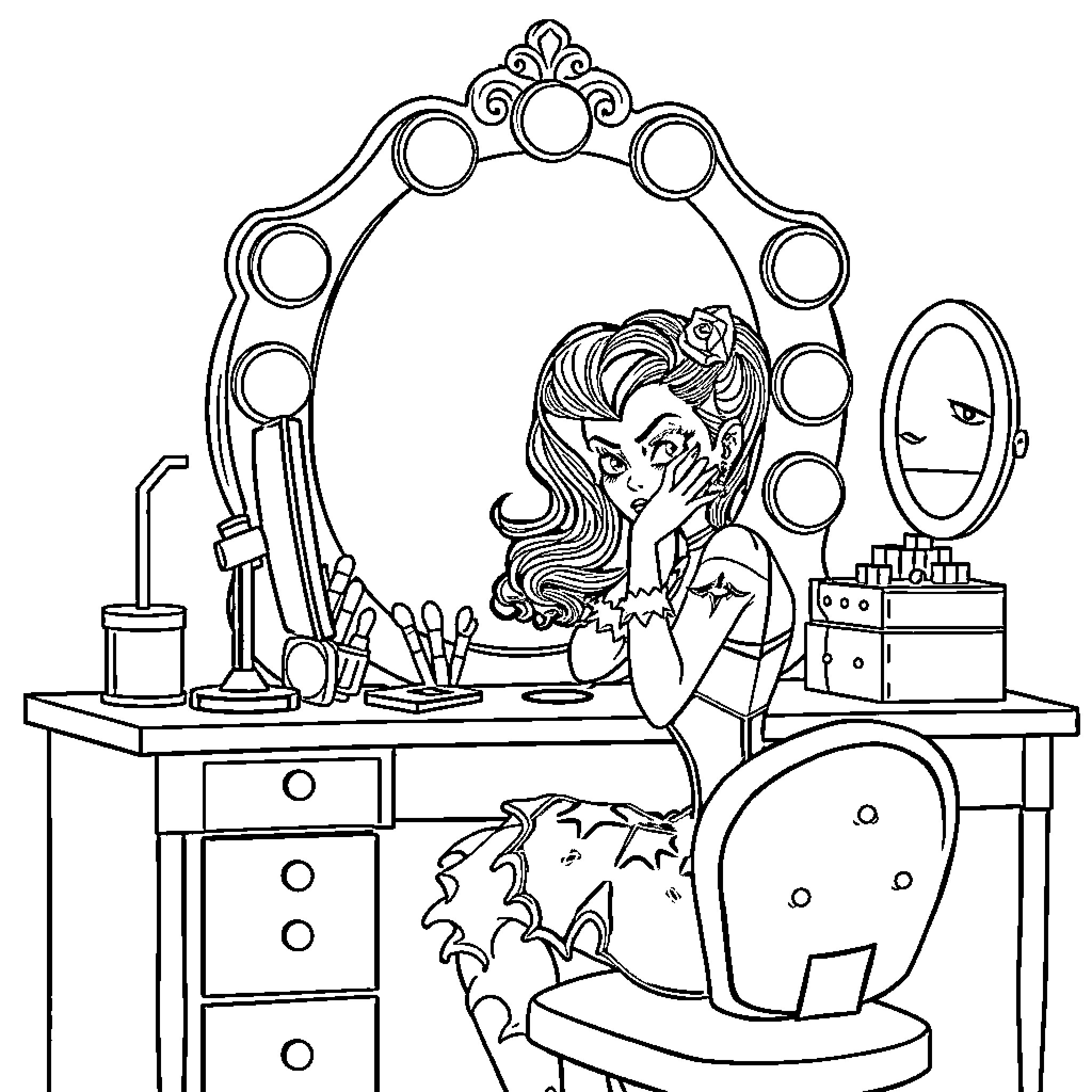 Draculaura preparing for a spooktacular makeover Coloring Page (free black-and-white line drawing printable PDF for all, from beginners to advanced learners, including children, teens, adults, and seniors)
