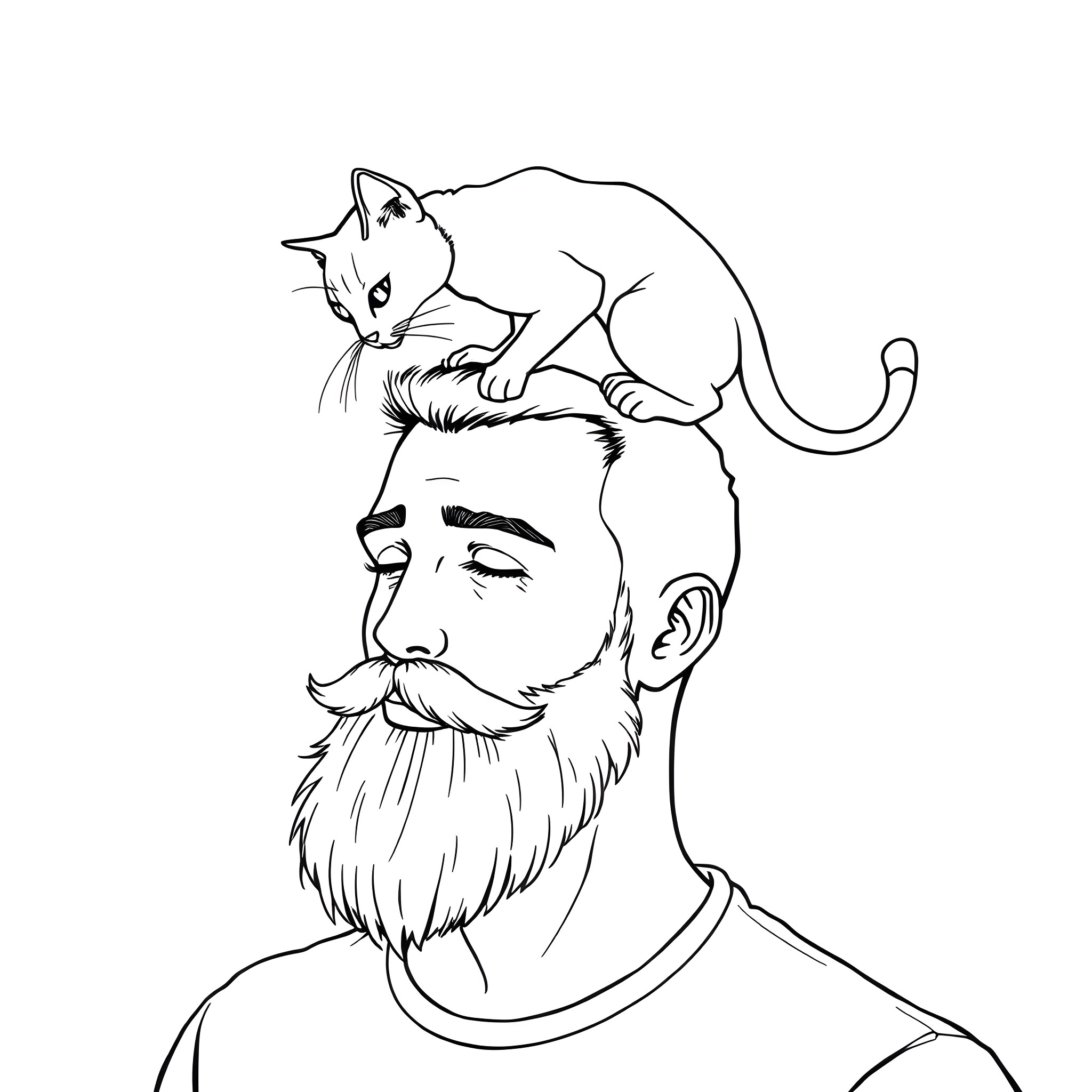 Cat perching on bearded man's head Coloring Page (free black-and-white line drawing printable PDF for all, from beginners to advanced learners, including children, teens, adults, and seniors)