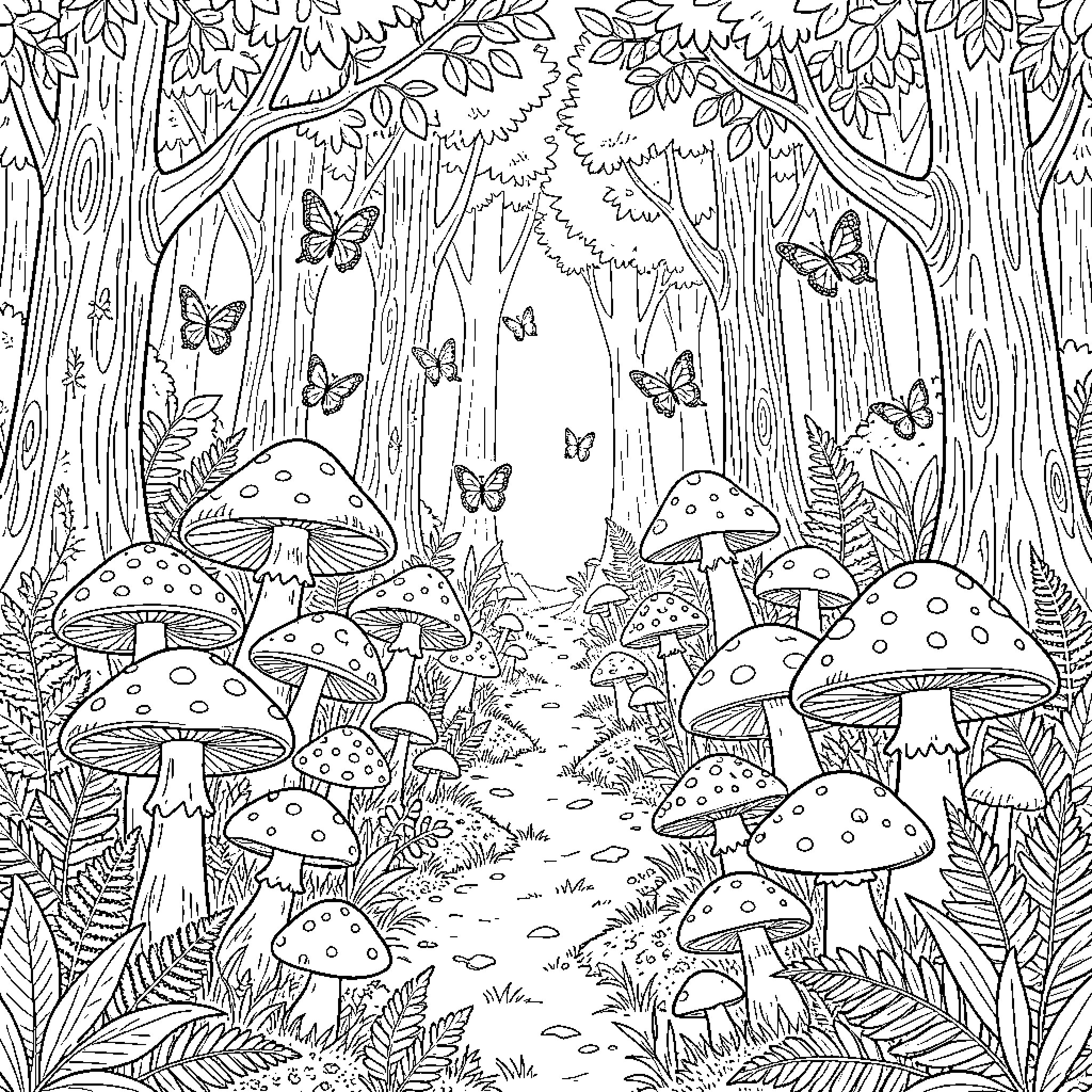 Forest Fairy Tale with Mushrooms and Butterflies Coloring Page (free black-and-white line drawing printable PDF for all, from beginners to advanced learners, including children, teens, adults, and seniors)