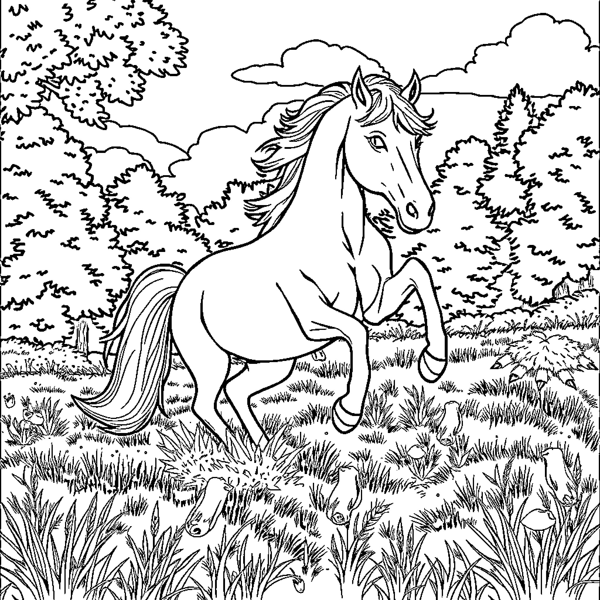 Horse running freely through a lush meadow Coloring Page (free black-and-white line drawing printable PDF for all, from beginners to advanced learners, including children, teens, adults, and seniors)