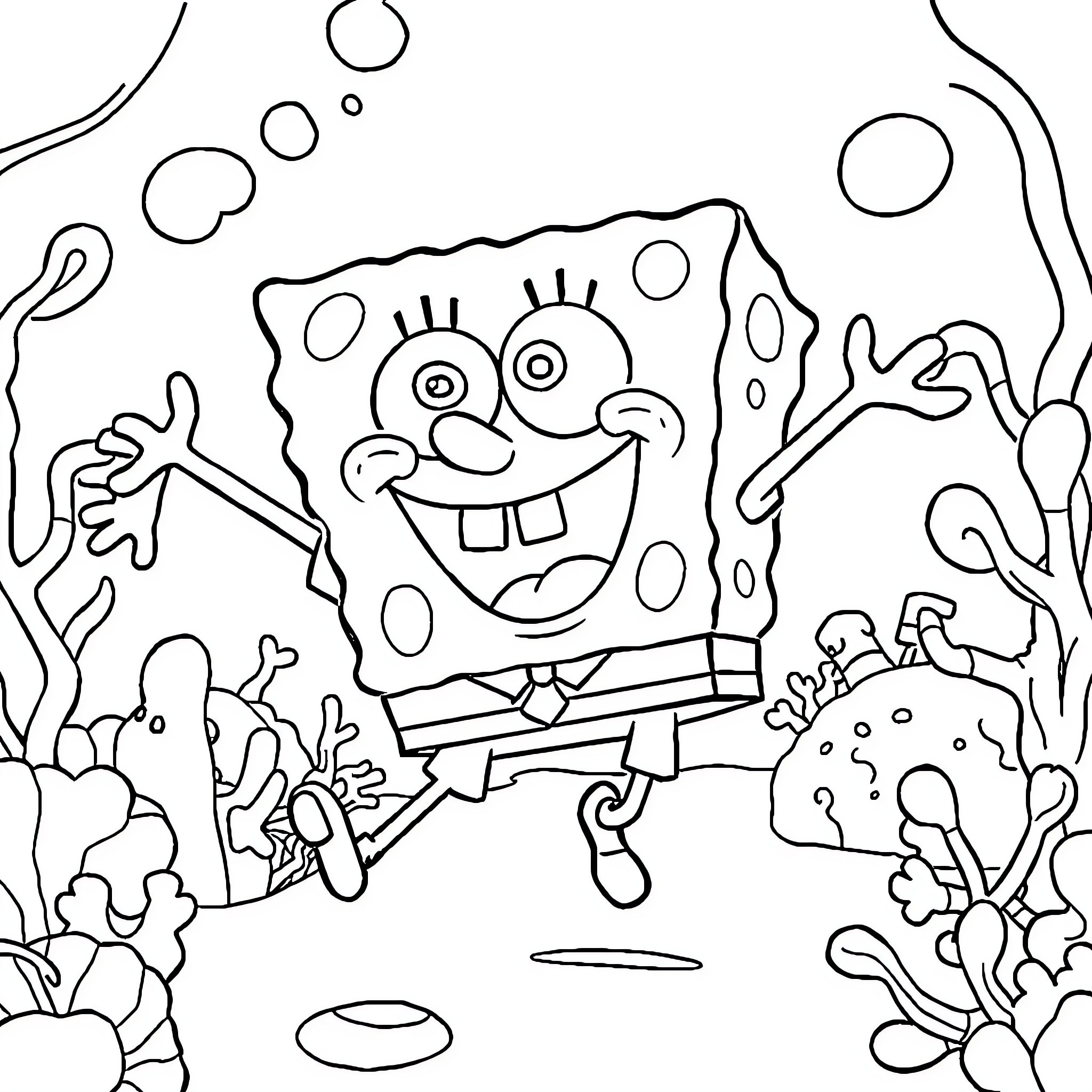 Spongebob Enjoying Underwater Antics Coloring Page (free black-and-white line drawing printable PDF for all, from beginners to advanced learners, including children, teens, adults, and seniors)