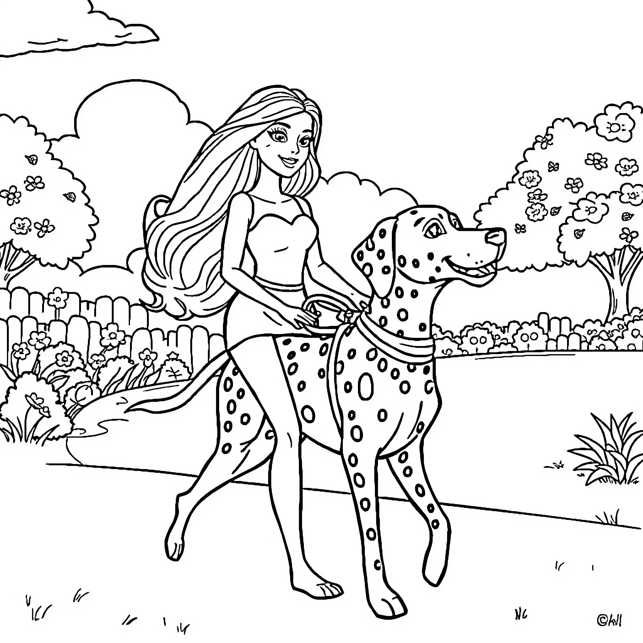 Barbie enjoying a stroll with her spotted companion Coloring Page (free black-and-white line drawing printable PDF for all, from beginners to advanced learners, including children, teens, adults, and seniors)
