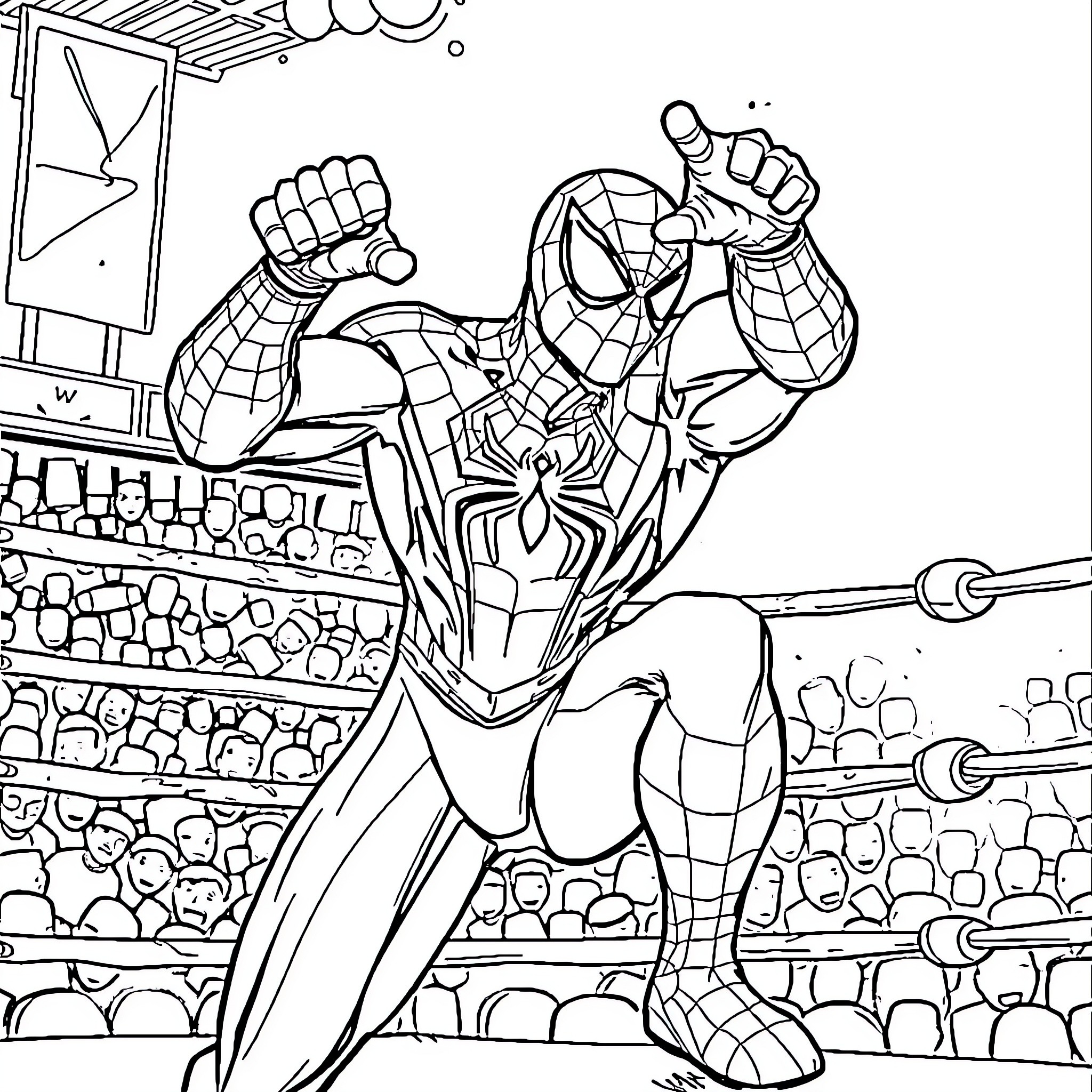 Spider-Man swinging into action at the stadium Coloring Page (free black-and-white line drawing printable PDF for all, from beginners to advanced learners, including children, teens, adults, and seniors)