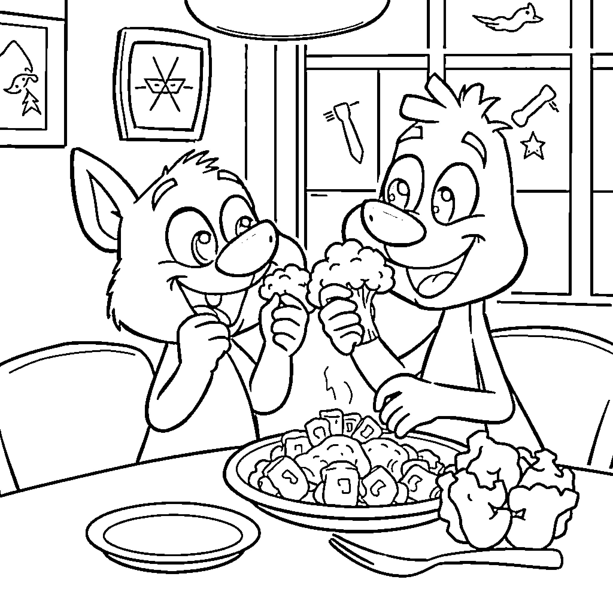 Bluey and Bingo enjoying a snack together Coloring Page (free black-and-white line drawing printable PDF for all, from beginners to advanced learners, including children, teens, adults, and seniors)