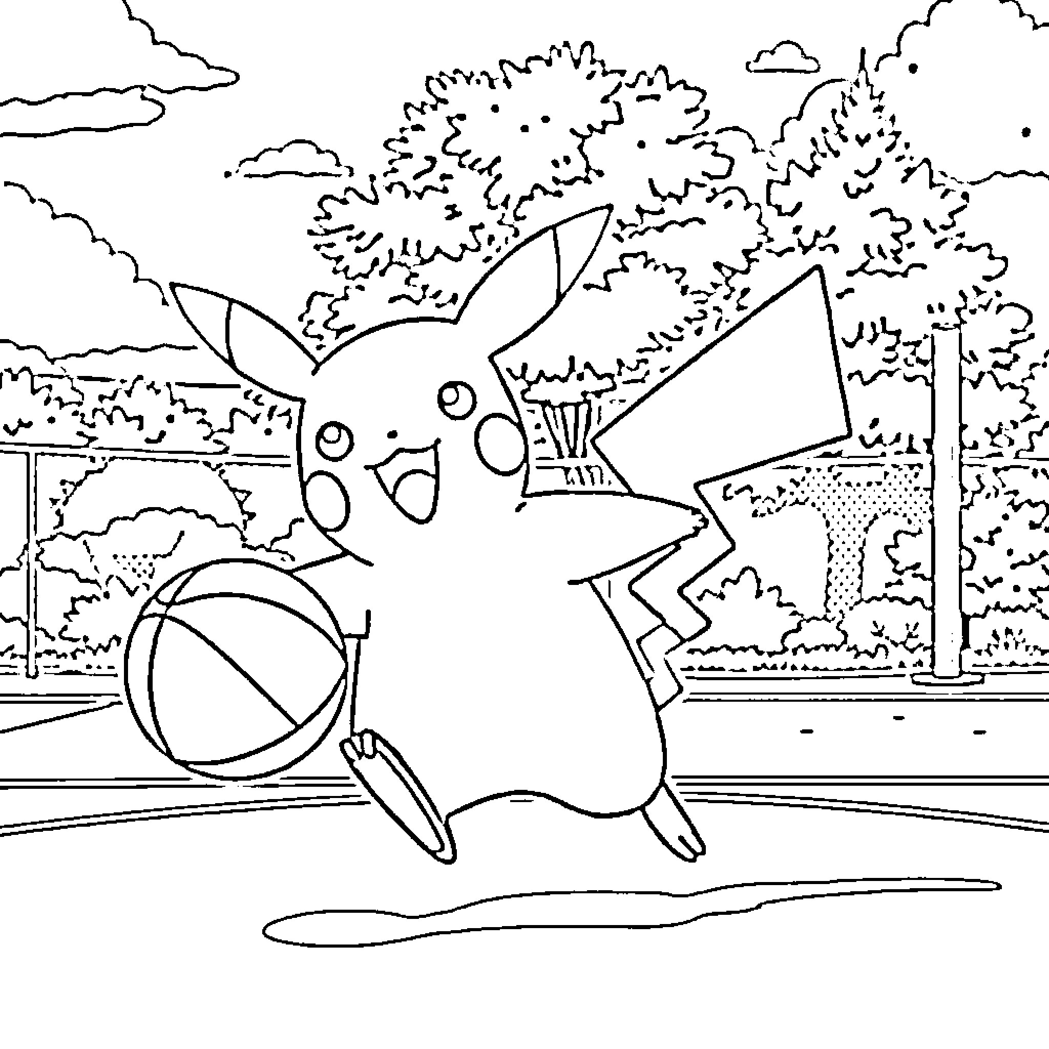 Pikachu playing happily with toys in the park Coloring Page (free black-and-white line drawing printable PDF for all, from beginners to advanced learners, including children, teens, adults, and seniors)