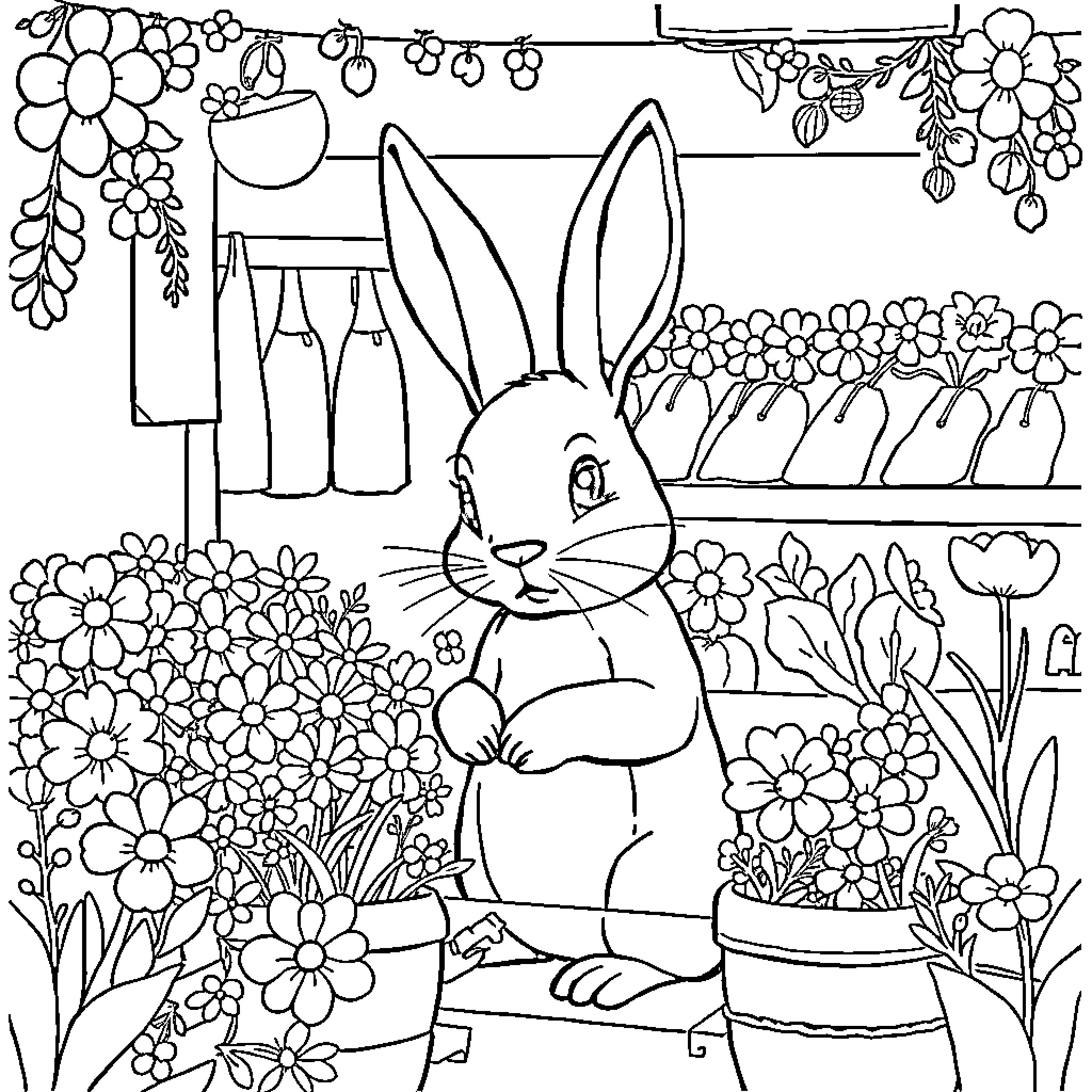 Rabbit in a Vibrant Floral Garden Coloring Page (free black-and-white line drawing printable PDF for all, from beginners to advanced learners, including children, teens, adults, and seniors)