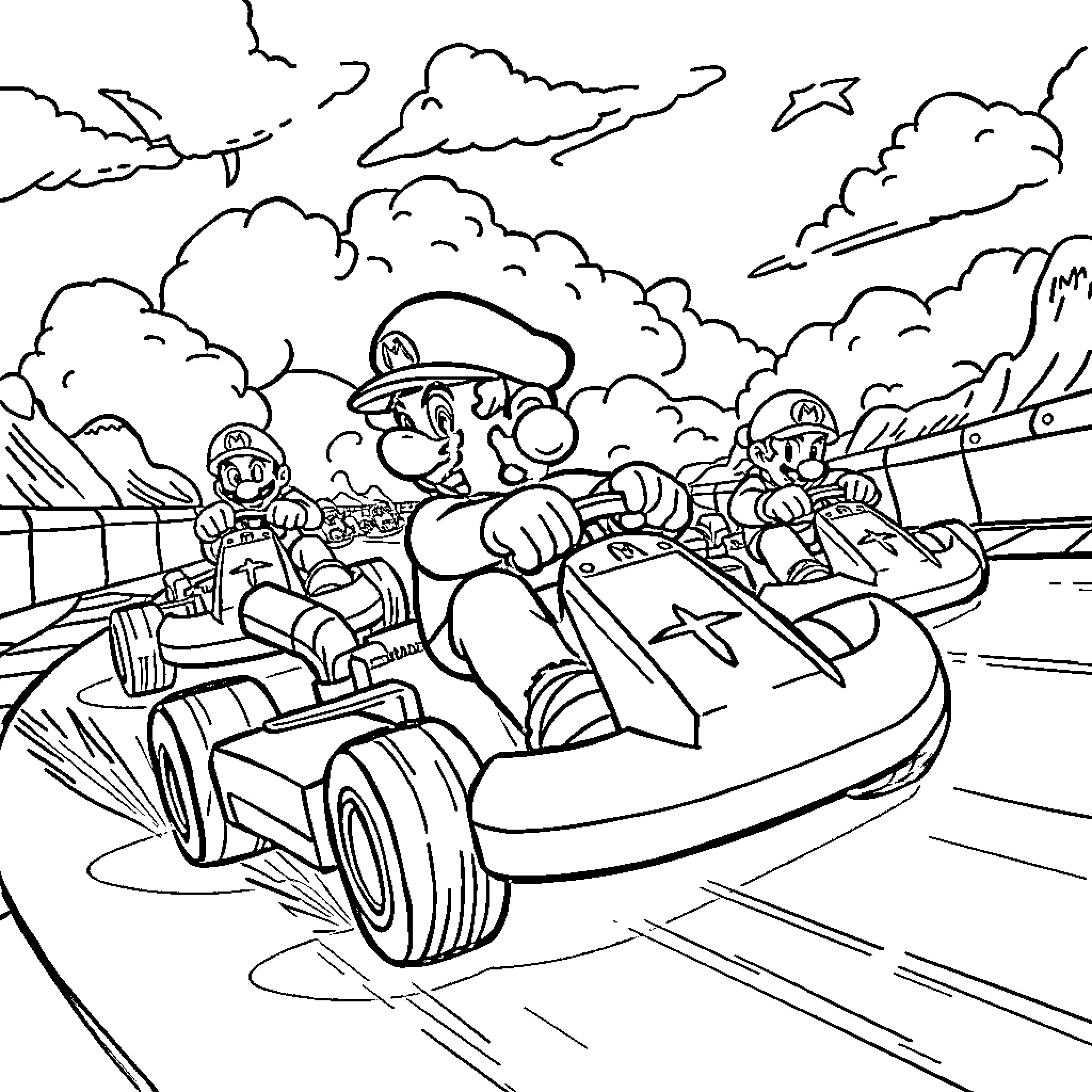 Mario Kart Racers Speed through Clouds and Obstacles Coloring Page (free black-and-white line drawing printable PDF for all, from beginners to advanced learners, including children, teens, adults, and seniors)