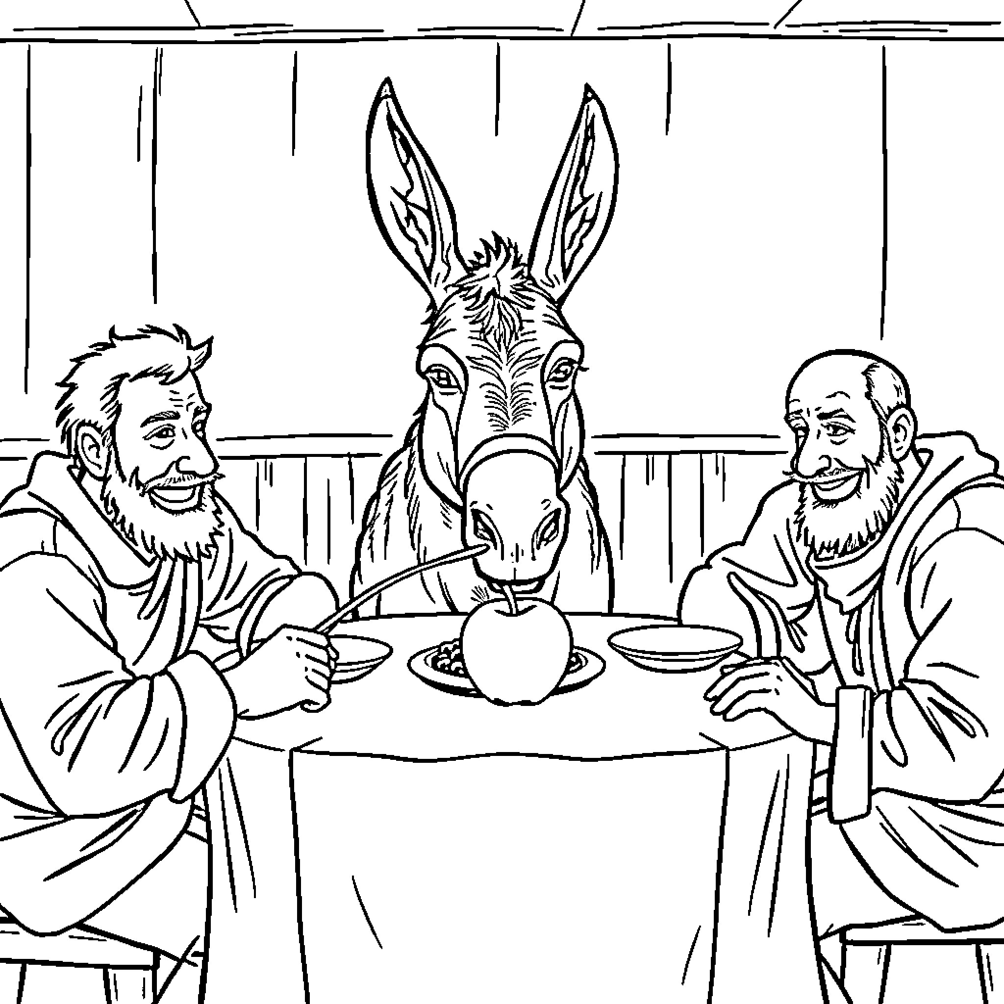 Donkey joins two men for a meal Coloring Page (free black-and-white line drawing printable PDF for all, from beginners to advanced learners, including children, teens, adults, and seniors)