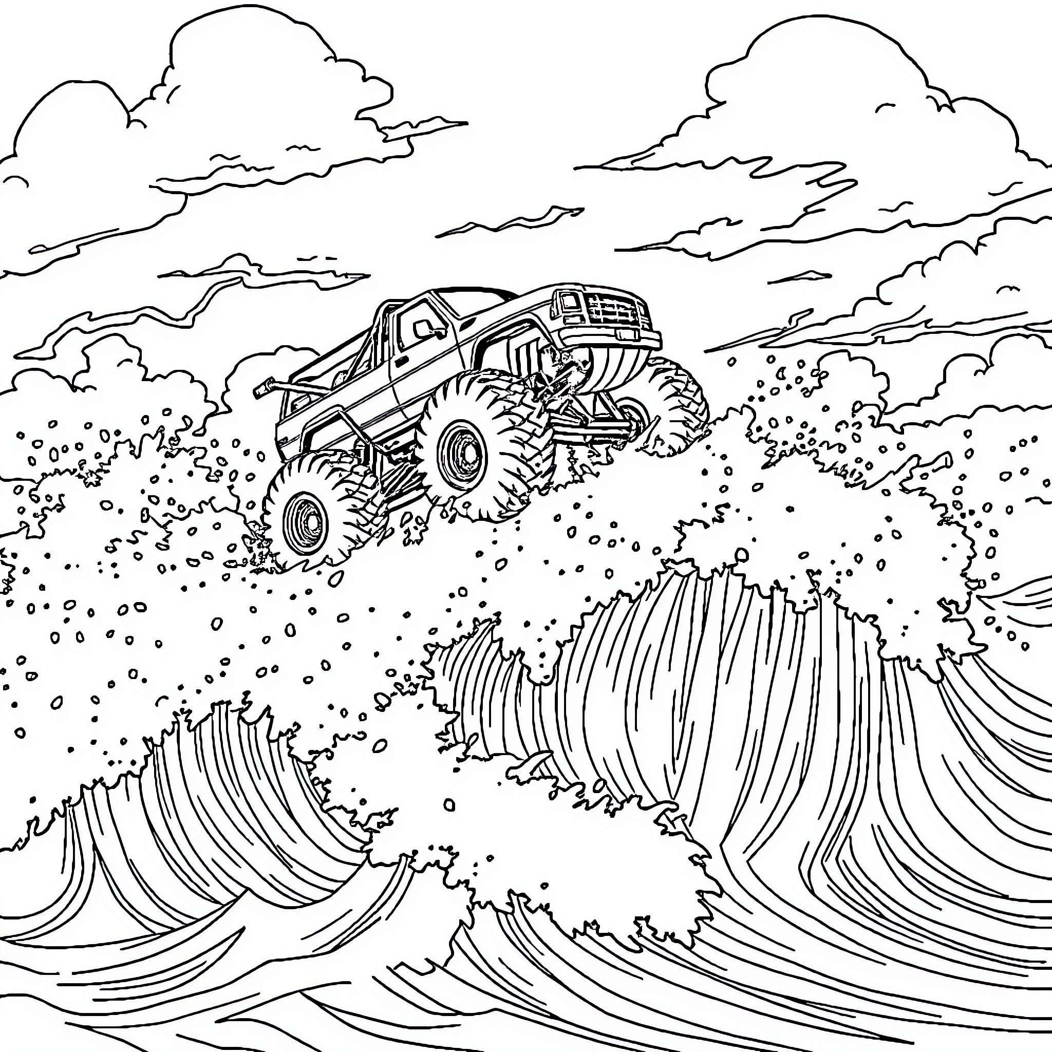 Monster Truck Performing Epic Stunts over Massive Waves Coloring Page (free black-and-white line drawing printable PDF for all, from beginners to advanced learners, including children, teens, adults, and seniors)