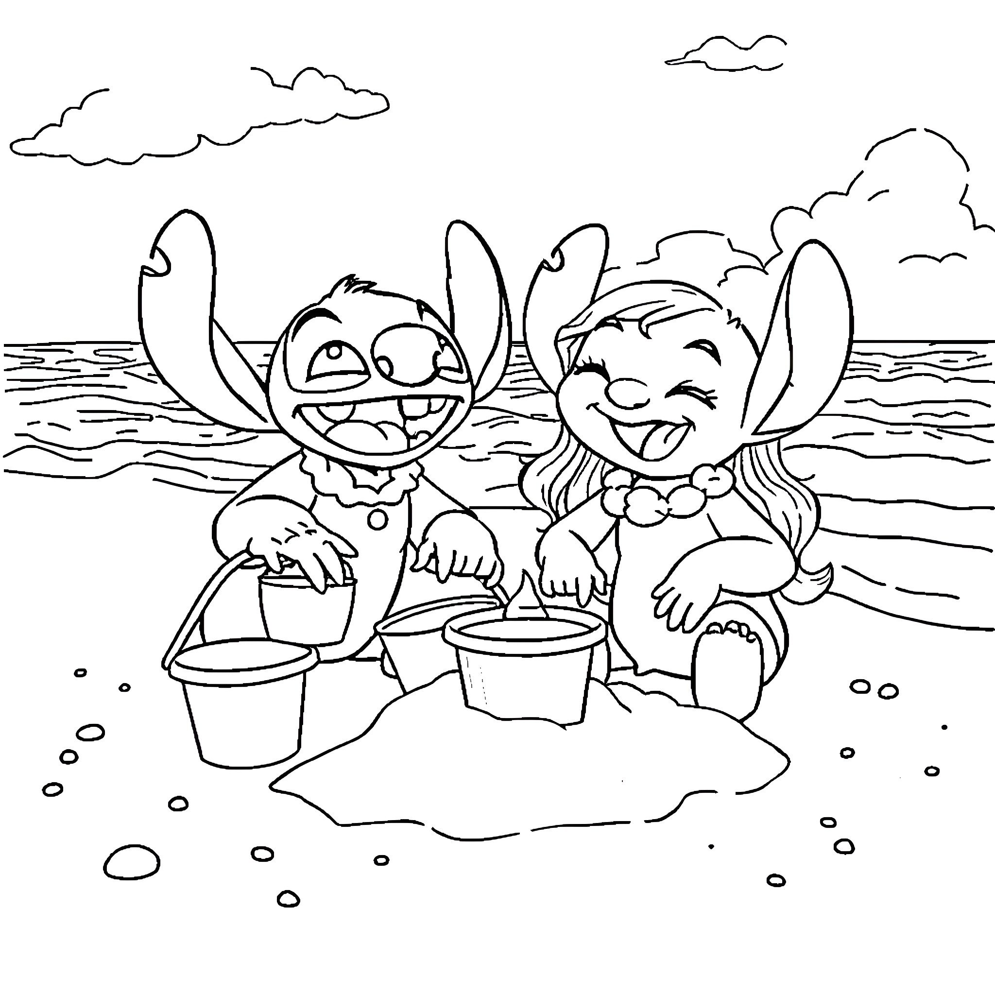 Lilo and Stitch playing happily on the beach Coloring Page (free black-and-white line drawing printable PDF for all, from beginners to advanced learners, including children, teens, adults, and seniors)