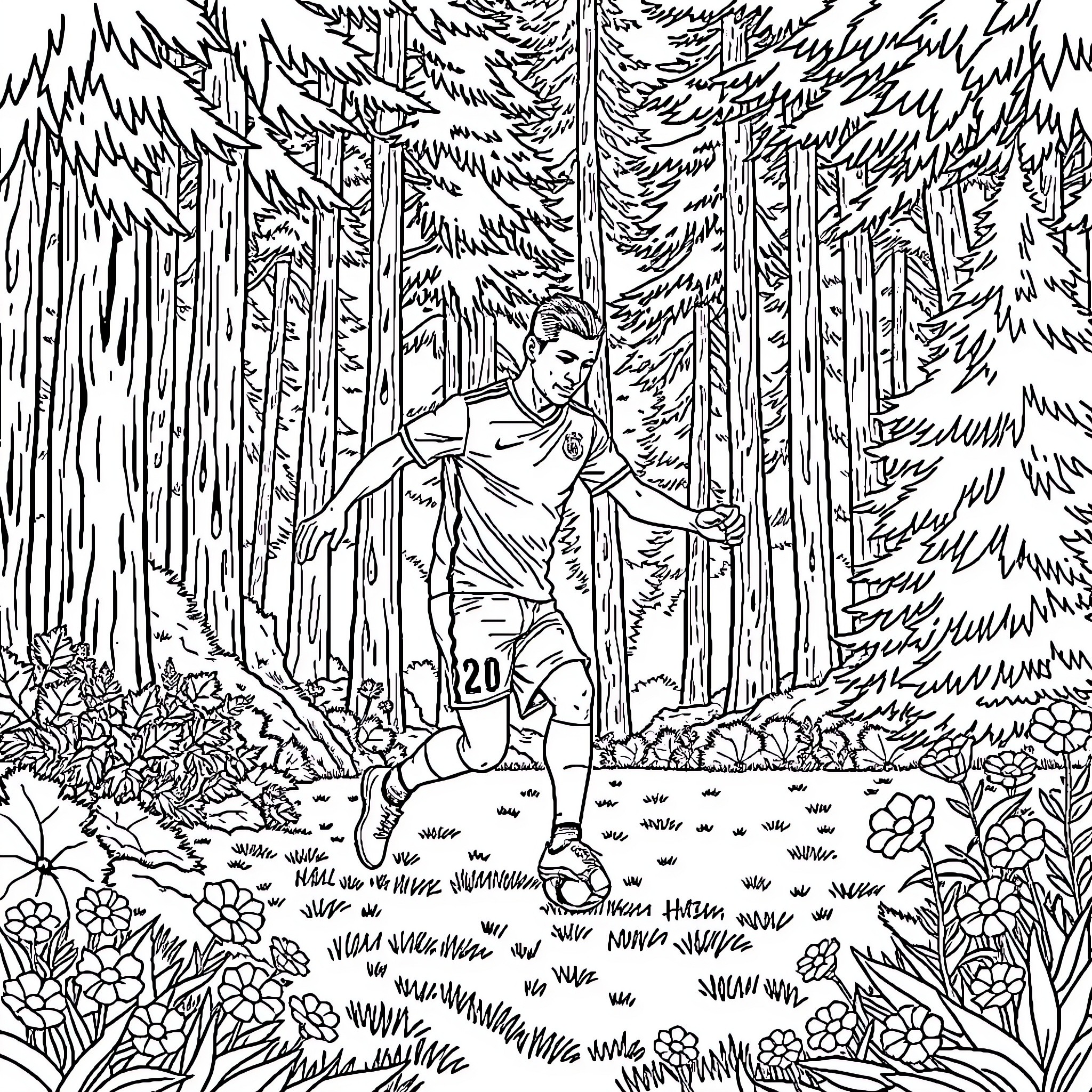 Ronaldo playing in the forest Coloring Page (free black-and-white line drawing printable PDF for all, from beginners to advanced learners, including children, teens, adults, and seniors)