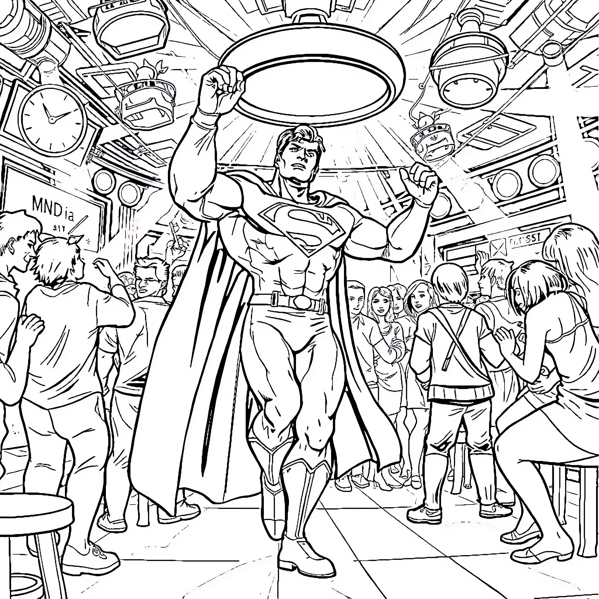 Superman Saving the Day with Heroic Gestures Coloring Page (free black-and-white line drawing printable PDF for all, from beginners to advanced learners, including children, teens, adults, and seniors)