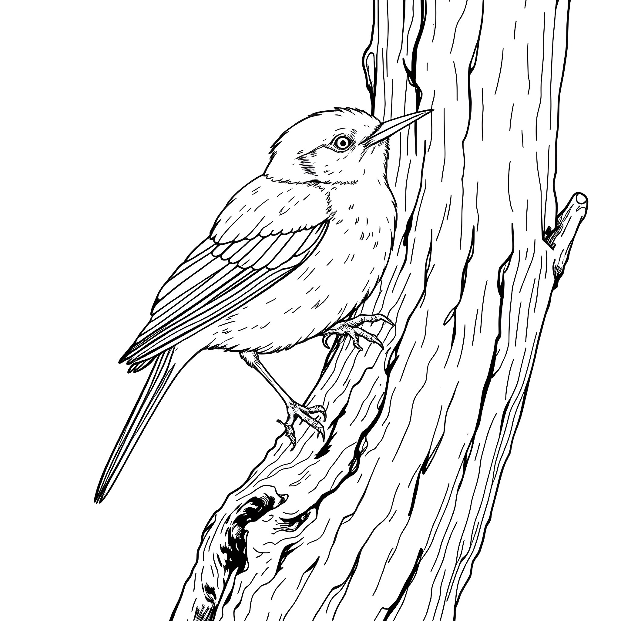 Honeycreeper perched on a tree trunk Coloring Page (free black-and-white line drawing printable PDF for all, from beginners to advanced learners, including children, teens, adults, and seniors)