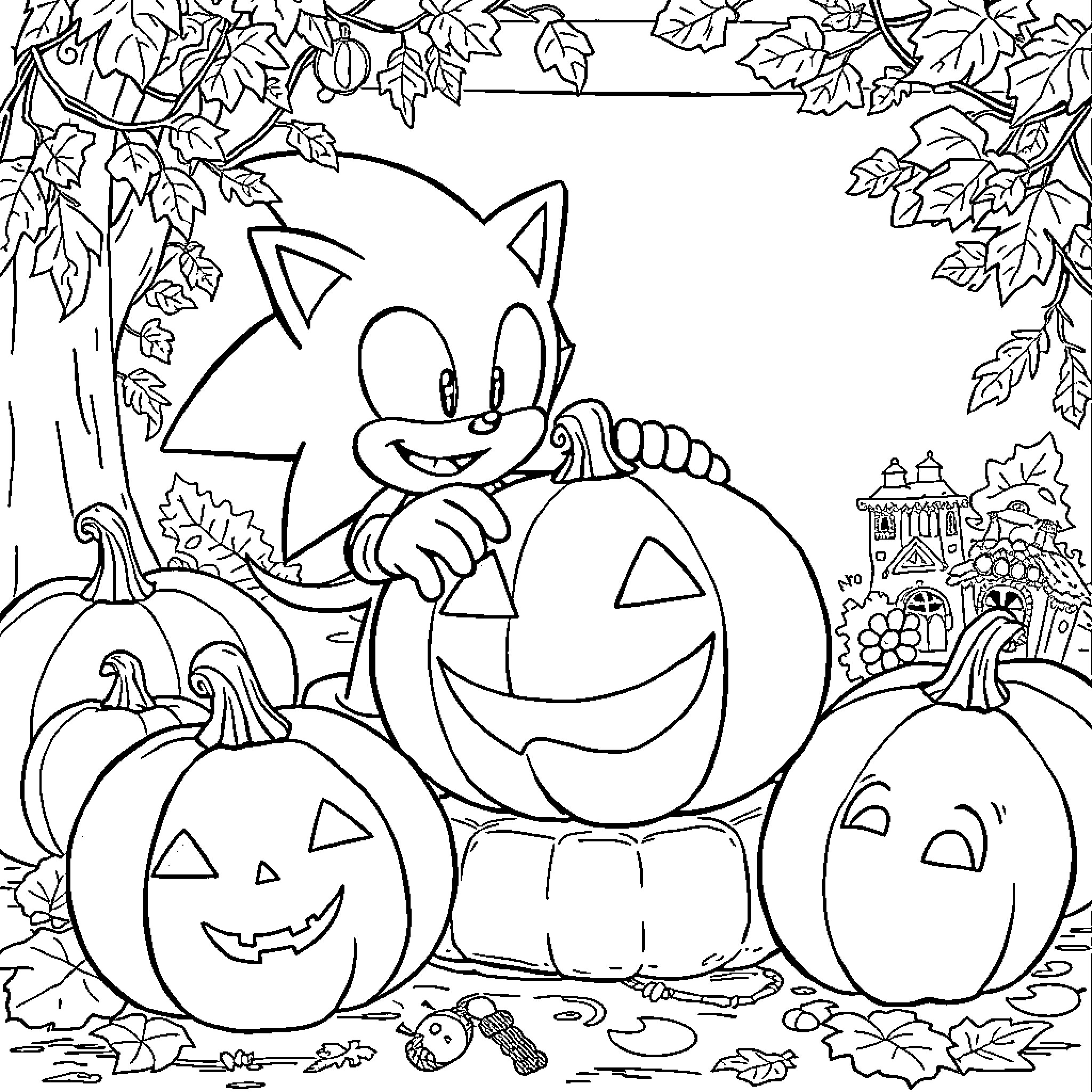 Sonic Enjoying Autumn Scenery with Jack-o'-lanterns Coloring Page (free black-and-white line drawing printable PDF for all, from beginners to advanced learners, including children, teens, adults, and seniors)