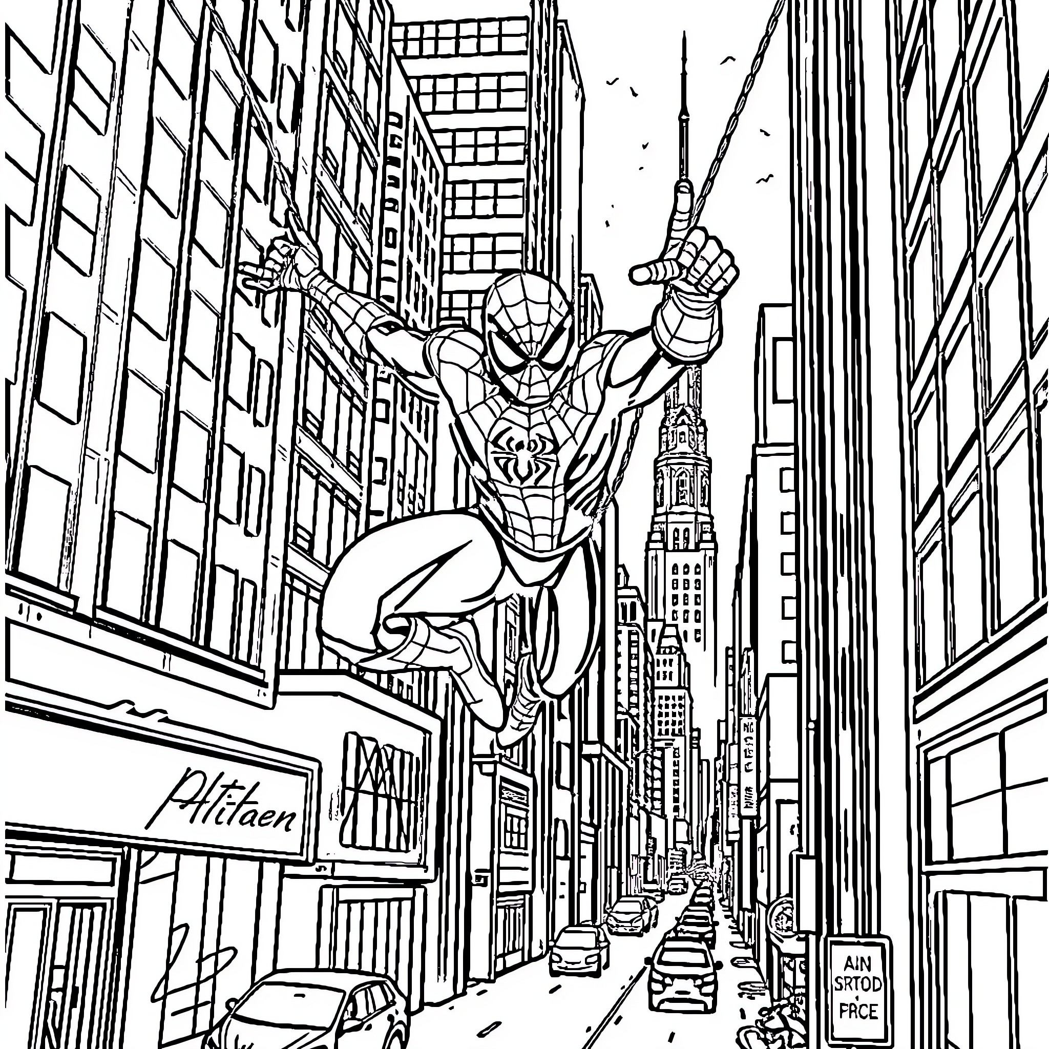 Spiderman swinging through the city skyline Coloring Page (free black-and-white line drawing printable PDF for all, from beginners to advanced learners, including children, teens, adults, and seniors)