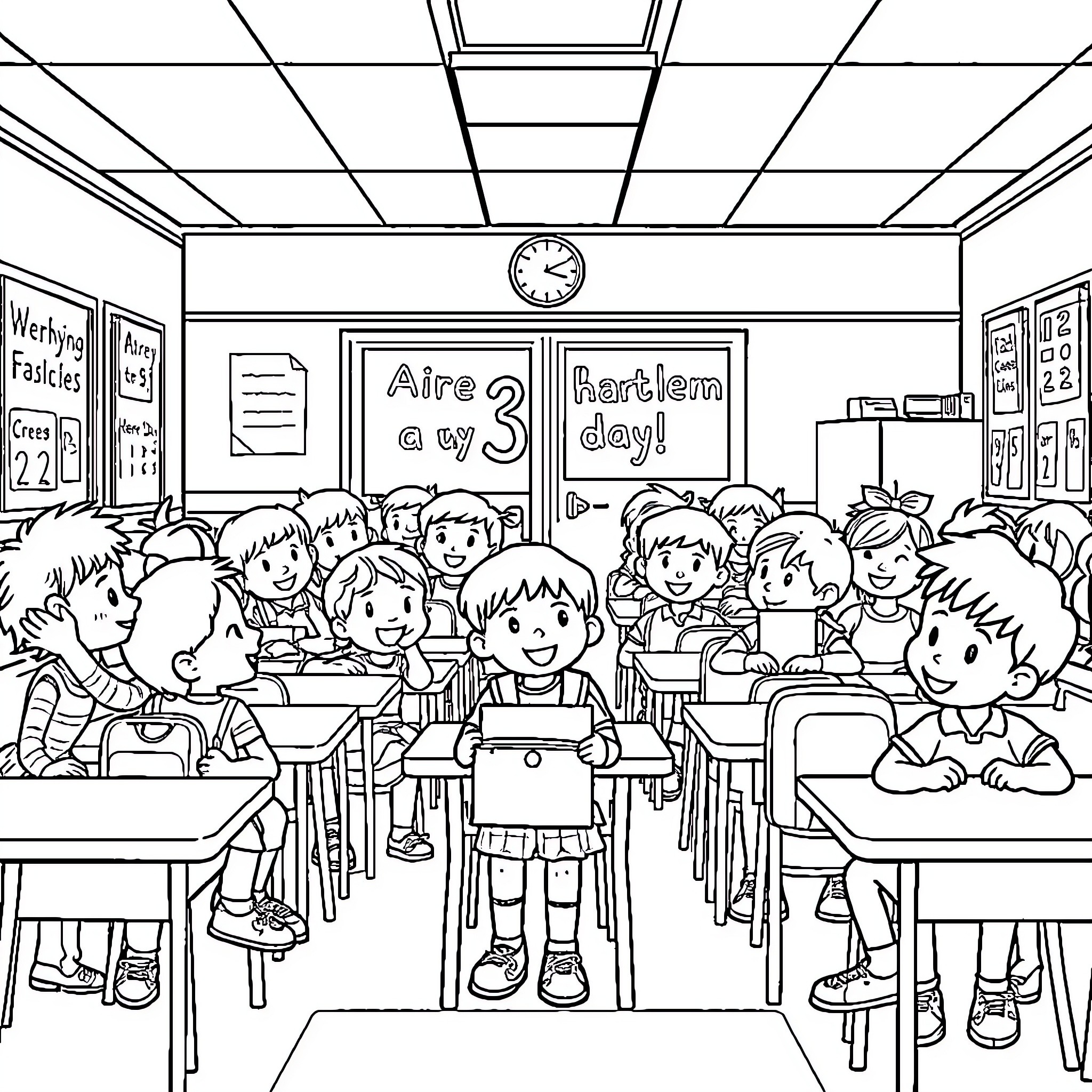 Kid-Filled Classroom with Clock and Educational Posters Coloring Page (free black-and-white line drawing printable PDF for all, from beginners to advanced learners, including children, teens, adults, and seniors)