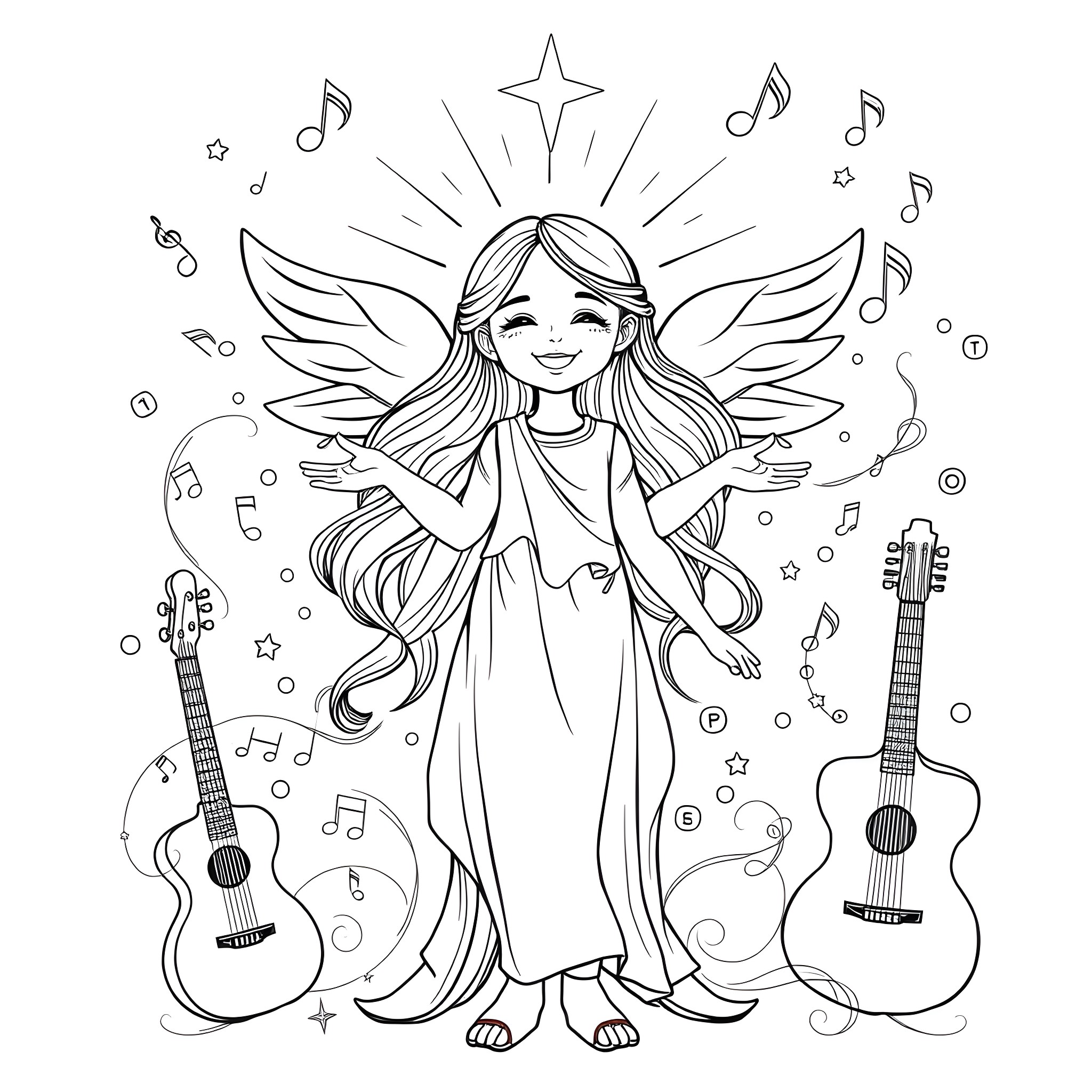 Girl angel with wings singing and playing guitar Coloring Page (free black-and-white line drawing printable PDF for all, from beginners to advanced learners, including children, teens, adults, and seniors)