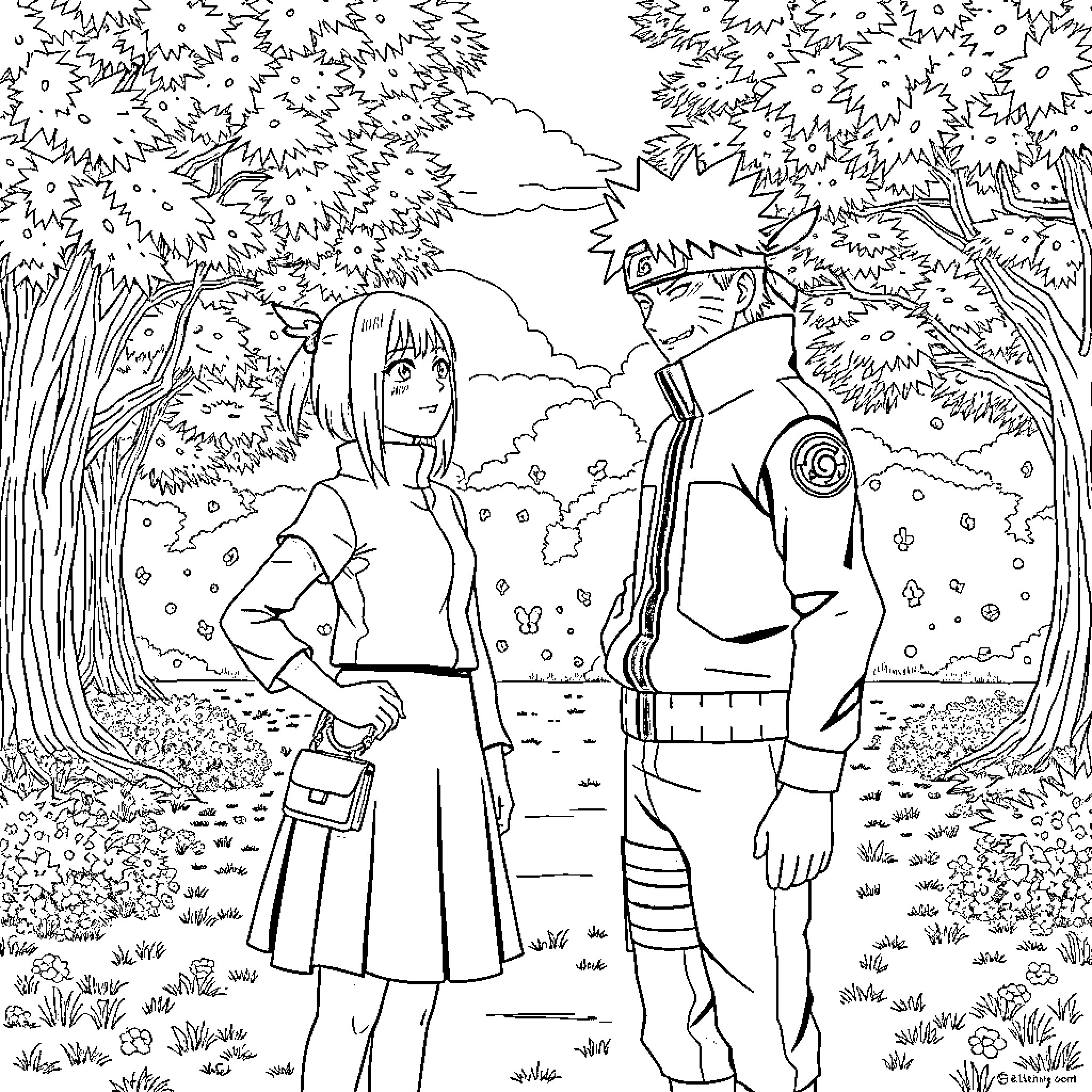 Katsuki Bakugo and female character in forest landscape Coloring Page (free black-and-white line drawing printable PDF for all, from beginners to advanced learners, including children, teens, adults, and seniors)