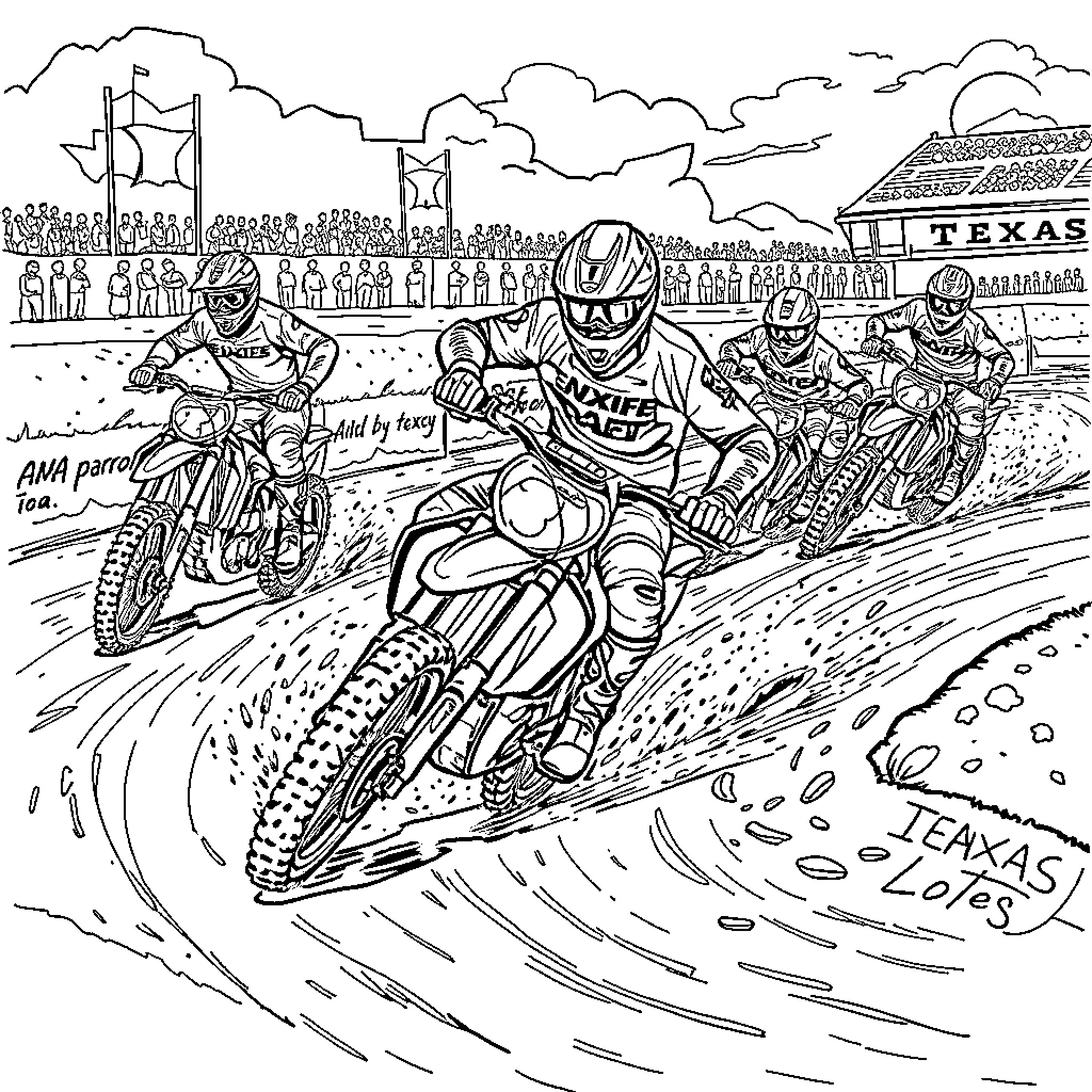 Supercross riders compete in high-speed motocross race Coloring Page (free black-and-white line drawing printable PDF for all, from beginners to advanced learners, including children, teens, adults, and seniors)