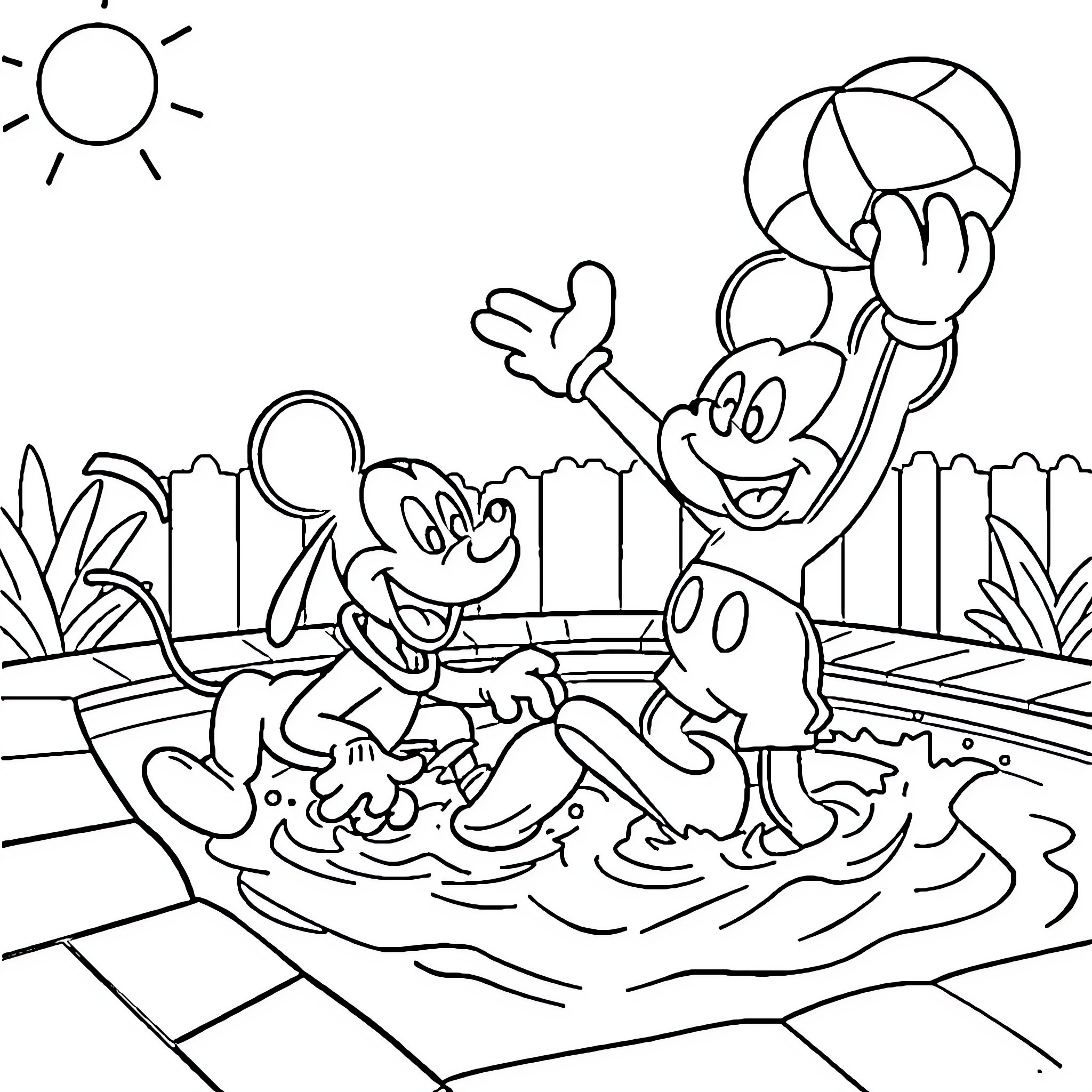 Mickey Mouse playing in the pool with friends Coloring Page (free black-and-white line drawing printable PDF for all, from beginners to advanced learners, including children, teens, adults, and seniors)