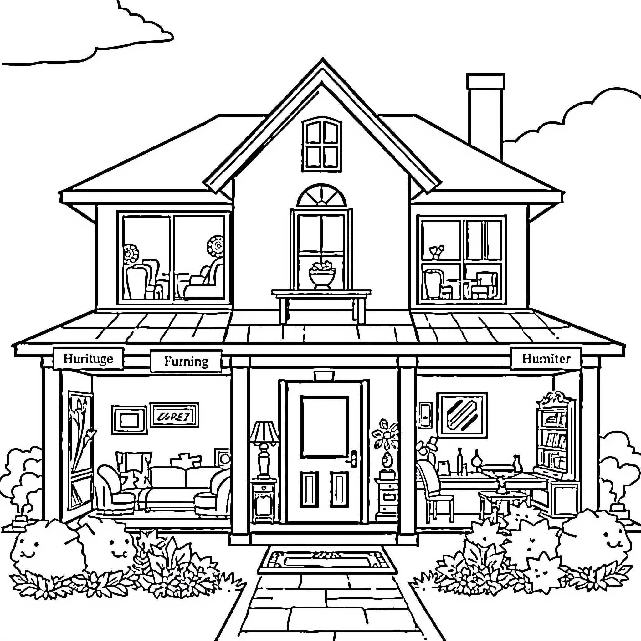 House with Furnishing and Decorative Elements Coloring Page (free black-and-white line drawing printable PDF for all, from beginners to advanced learners, including children, teens, adults, and seniors)