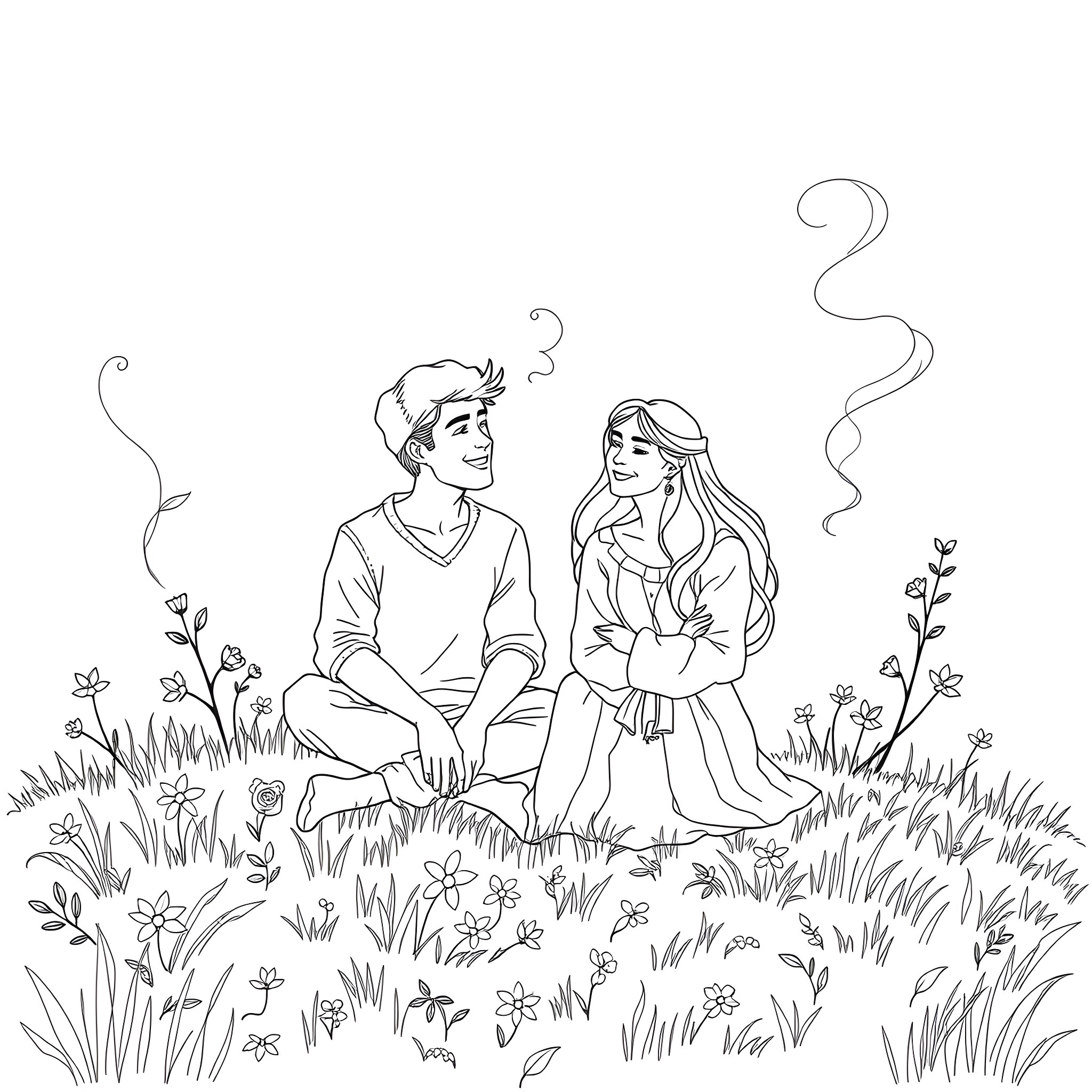 Couple relaxing together in a grassy field Coloring Page (free black-and-white line drawing printable PDF for all, from beginners to advanced learners, including children, teens, adults, and seniors)