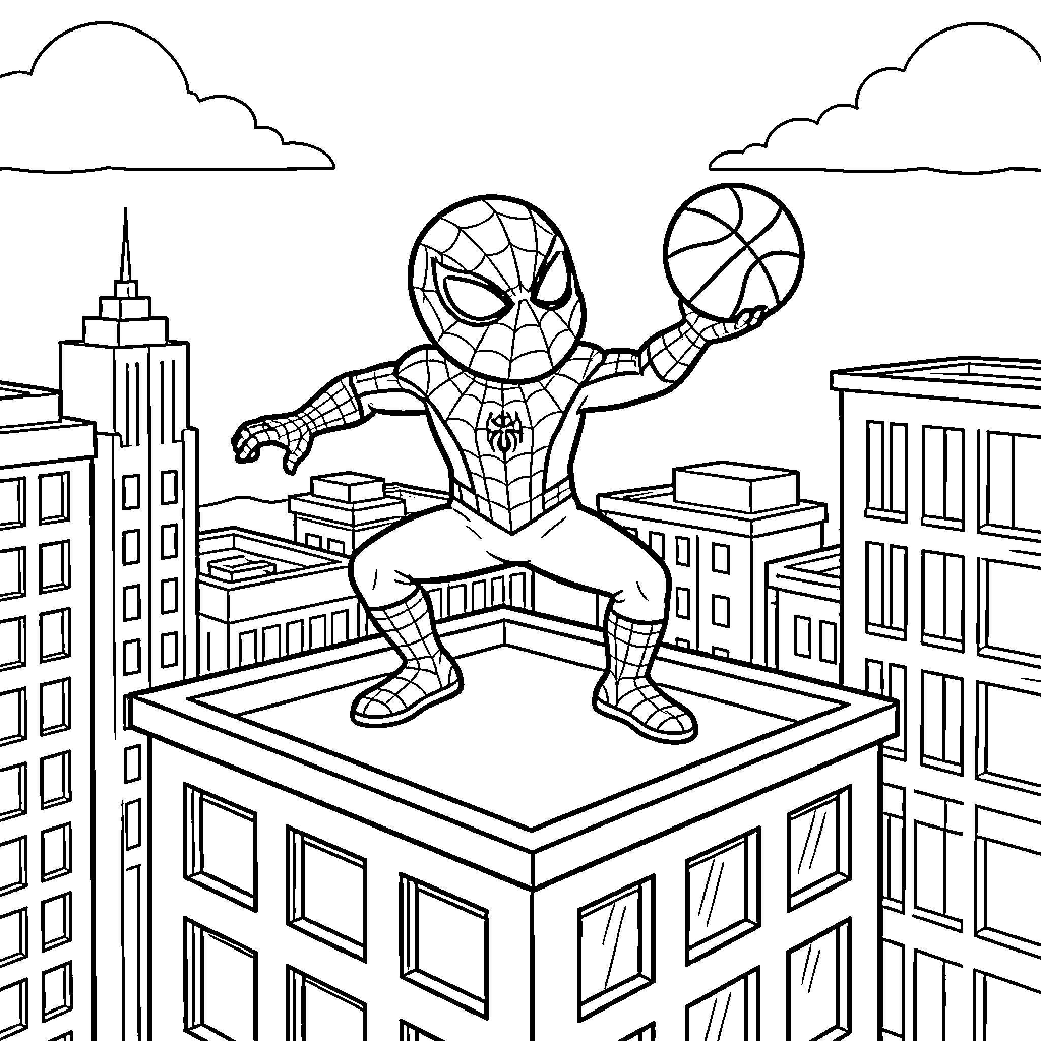 Baby Spiderman balancing a basketball on a rooftop Coloring Page (free black-and-white line drawing printable PDF for all, from beginners to advanced learners, including children, teens, adults, and seniors)